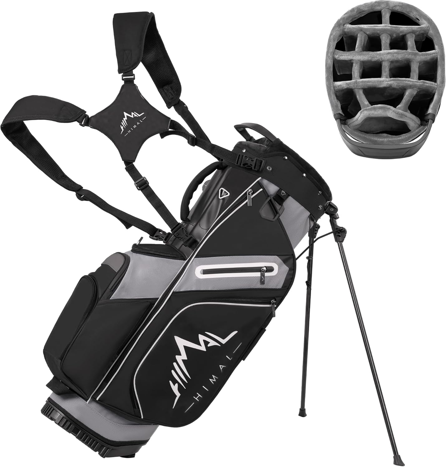 14-Way Golf Stand Bag,Premium Lightweight Golf Bag with Full-Length Dividers, Interchangeable PE-Padded Straps & Stabilizing Kickstand - Plush-Lined Top with Waterproof Cover Pure Black-Gray