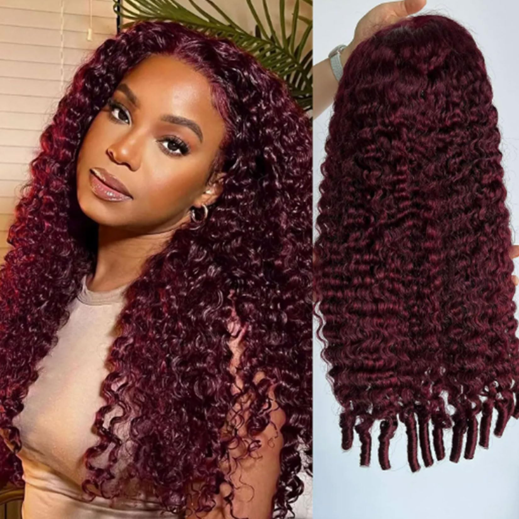 Mezza parrucca 3 in 1 in capelli umani ricci birmani bordeaux scuro,18inch