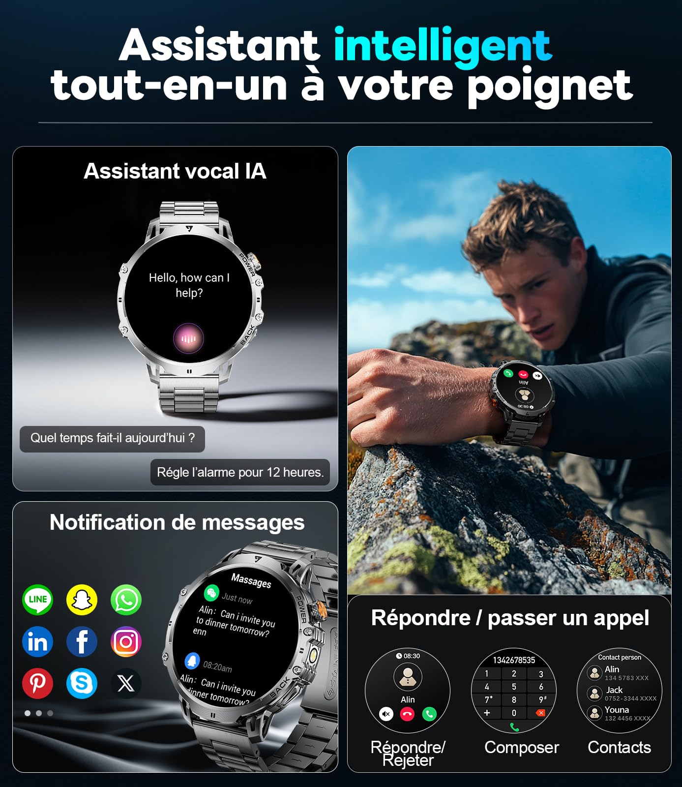 Montre Connectée Homme avec 1000mAh,1.85" Smartwatch avec Appel Bluetooth,100+ Modes Sportifs/LED Lampe,IP68 Étanche, Fréquence Cardiaque Moniteur de Sommeil pour iOS Android 2 Bracelet Noir et orange