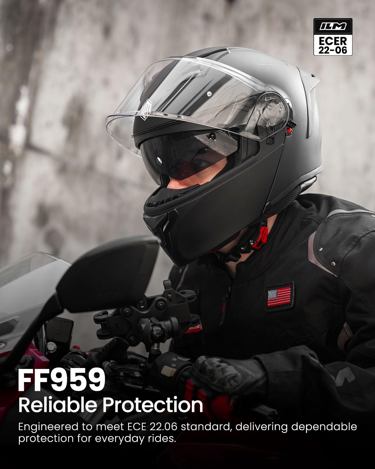 ILM Składany kask motocyklowy Mężczyźni Kobiety ECE 22.06 z podwójnym wizjerem kask integralny model FF959, matowa czerń, M