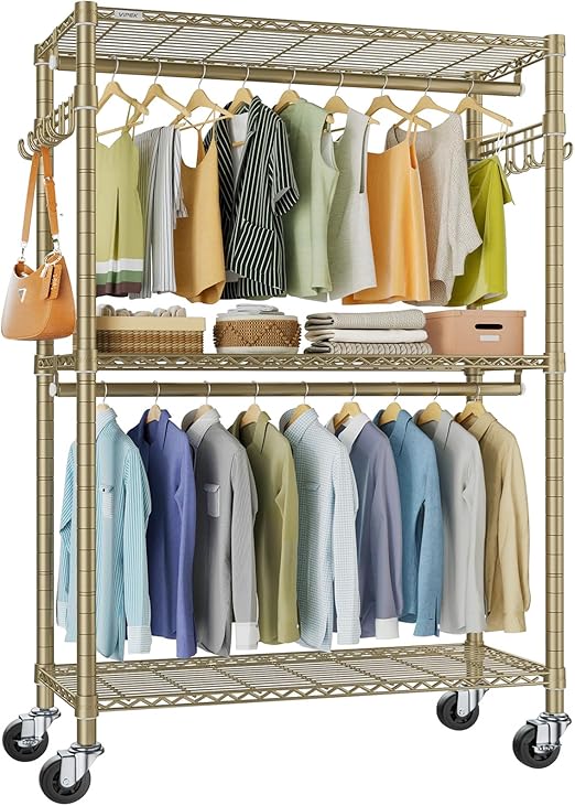 VIPEK R2 Plus Rolling Clothes Rack for Hanging Clothes Heavy Duty Garment Rack 3 Tiers Adjustable Wire Shelving Clothing Racks with Double Hanging Rods, Closet Organizers and Storage, Gold