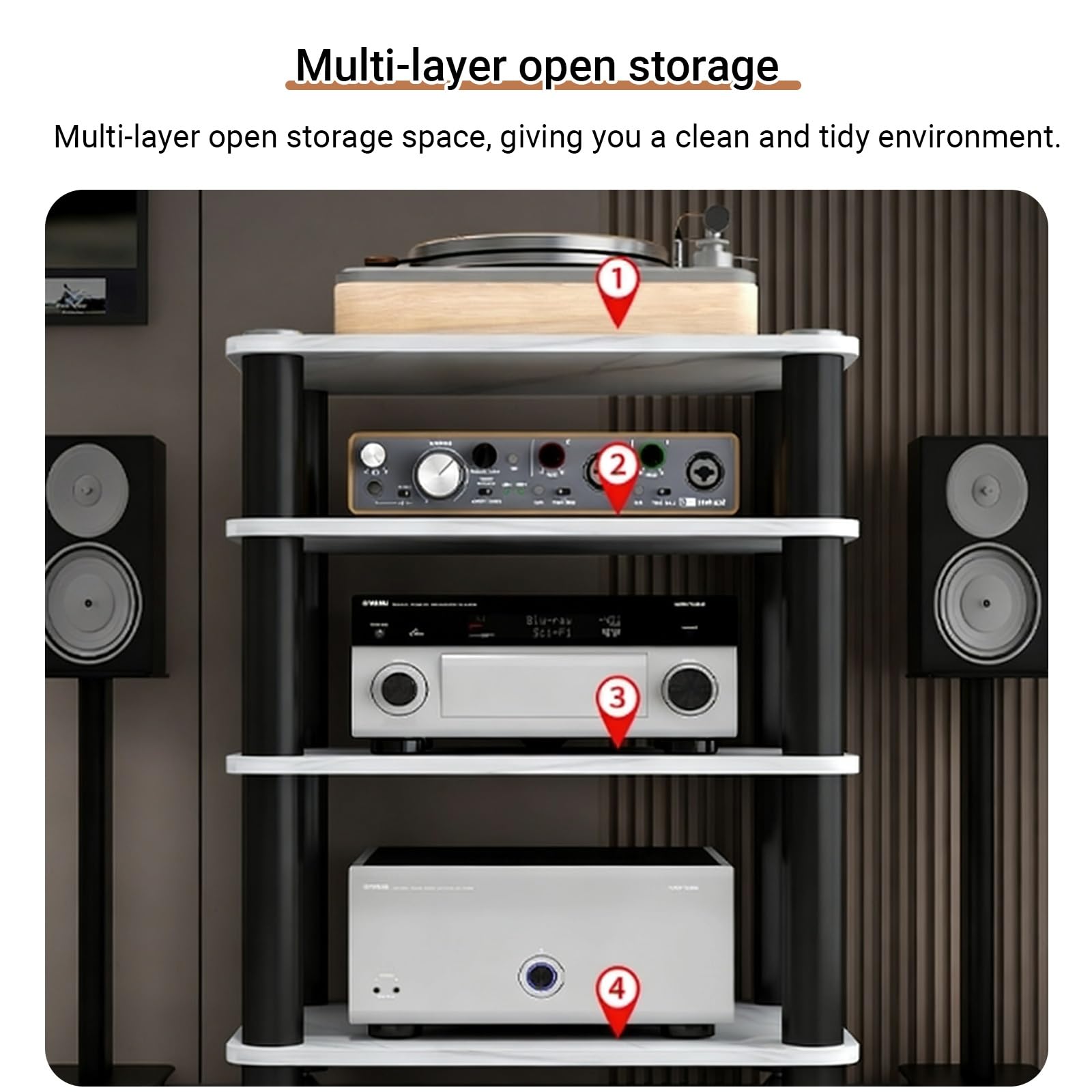 Solidna 2-poziomowa szafka stereo AV, metalowa wieża do odtwarzaczy DVD i CD, amortyzacja wstrząsów i zarysowania, nowoczesny szary design do domowej rozrywki