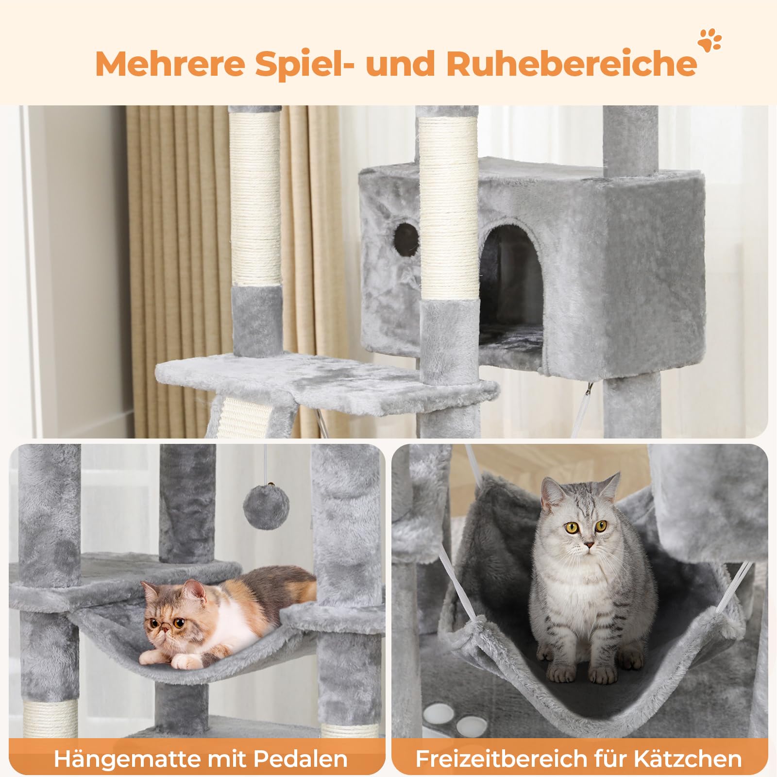 MSmask Kratzbaum groß, 194 cm hoch Katzenbaum XXL mit 3 Großen Plattformen, 2 Höhlen, Sisalstämme, Hängematte, Katzenkratzbaum mit Kratzrampe, Hellgrau