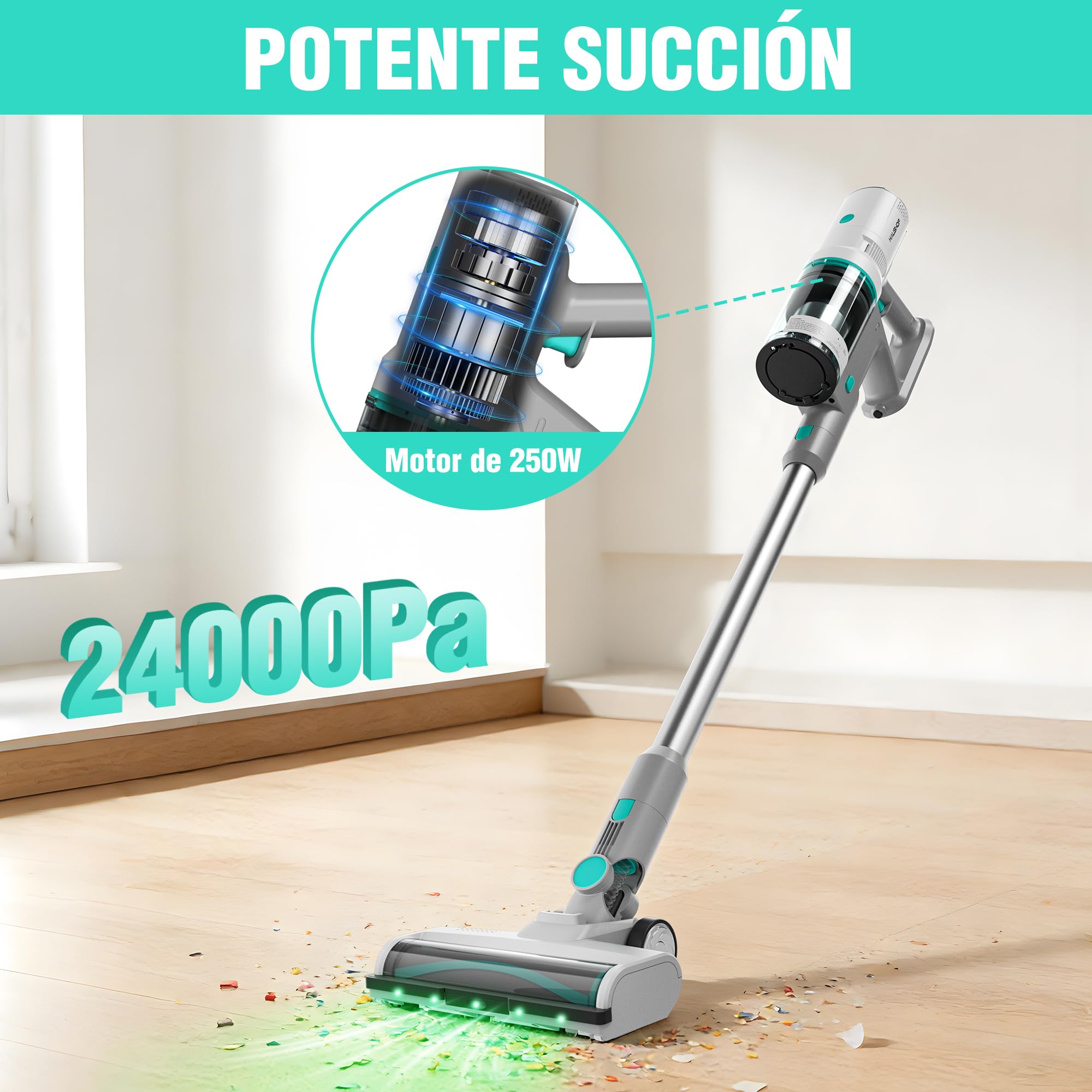 HAUSHOF Aspiradora Escoba sin Cable con Base de Autovaciado | Aspirador Vertical 3 en 1 de 24kPa y 250W con Cepillo en V, Luz LED Verde, Fragancia y Modo Nocturno para Pelo de Mascotas