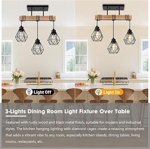 Miniatura 4 de Lámpara colgante de 3 luces para comedor de granja sobre la mesa, iluminación rústica de madera maciza para isla de cocina, con pantallas de metal,
