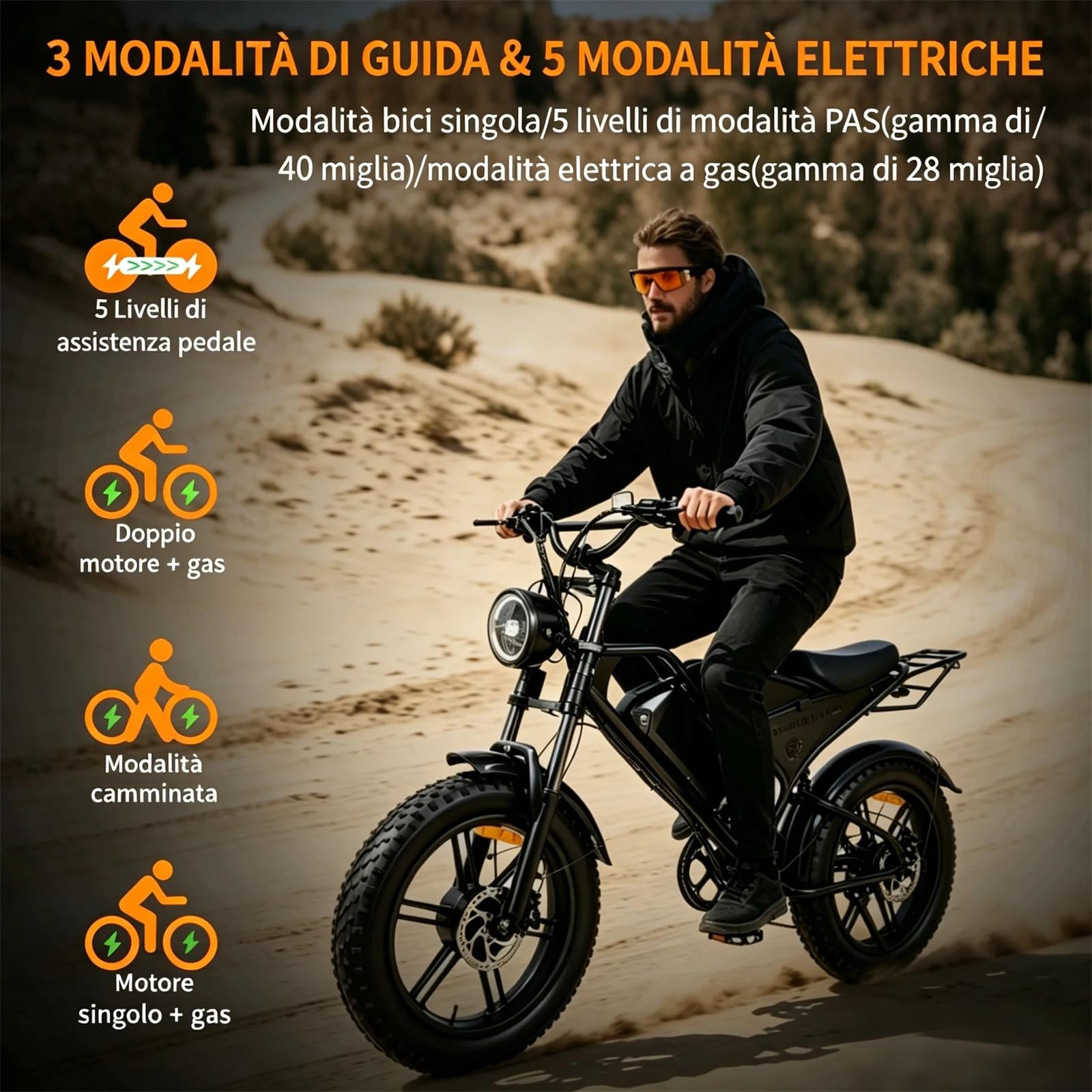 La bici elettrica DK400Max è dotata di due motori, una batteria rimovibile da 48 V 20Ah e pneumatici fuoristrada a sospensione completa da 20×4 pollici, che la rendono adatta a tutti i tipi di terr