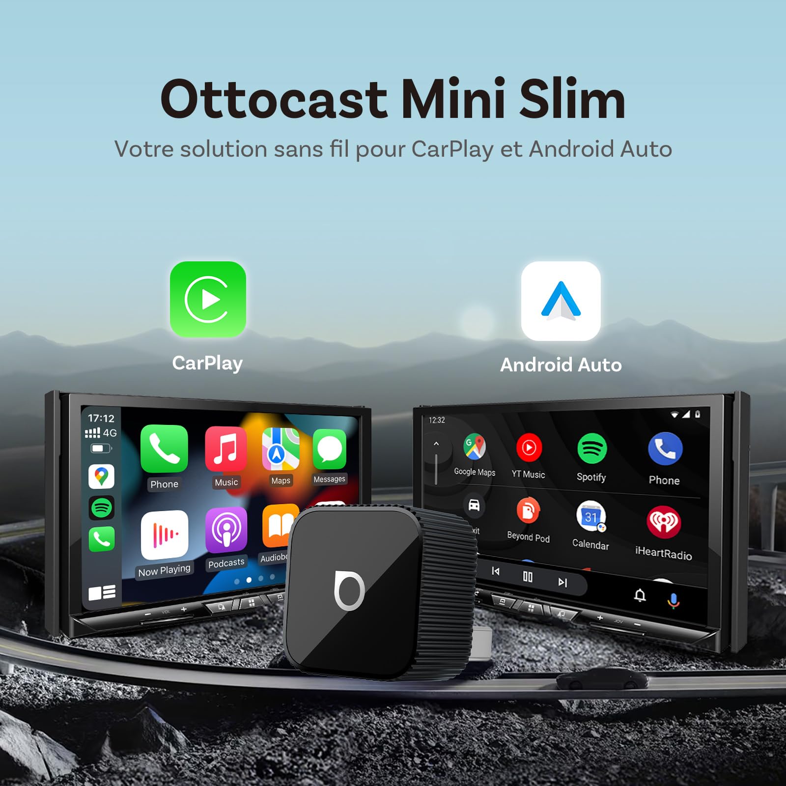 OTTOCAST Mini Slim 2026 Amélioré, 2-en-1 Adaptateur Wireless CarPlay & Android Auto avec Type-A/C pour iOS 10+ & Android 11+, Support Multi-Utilisateur, Plug & Play convertit Filaire en sans Fil