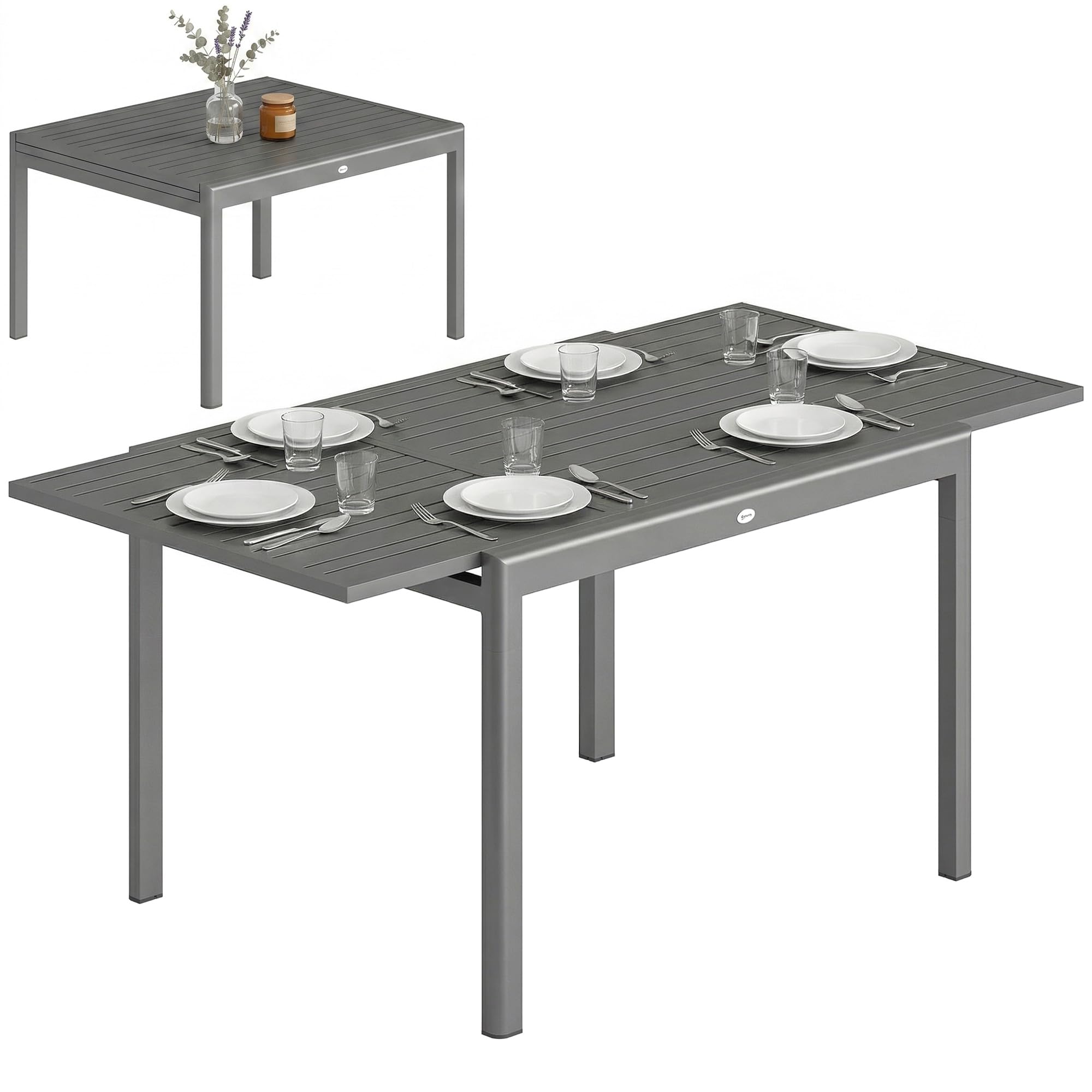 Outsunny Tavolo da Giardino Allungabile per 6-8 Persone Grigio Scuro | in Alluminio, Tavolo da Pranzo Estensibile Rettangolare 110-170 cm, Piano a Doghe, da Esterno, Patio Terrazzo Balcone