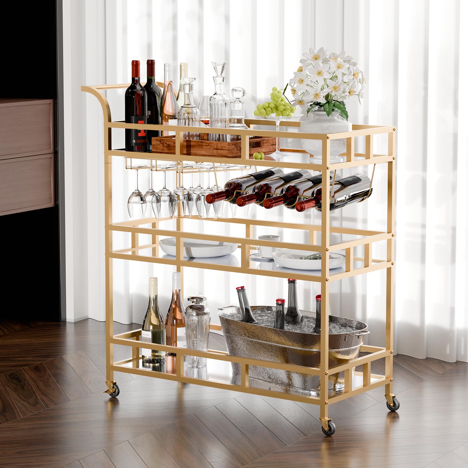 TONGMO Gold Barwagen mit 3 Ebenen Spiegelregalen, Home Bar Wagen mit Weinregal und Glashalter, perfekt für den Innen- und Außenbereich, stilvolle und funktionale Küche und Unterhaltungsraum Ergänzung