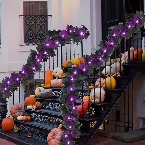 Miniatura 4 de 3 guirnaldas de arce de otoño de Halloween con luces moradas (batería integrada), total de 18 pies, 60 LED, guirnalda artificial negra, 216 hojas de