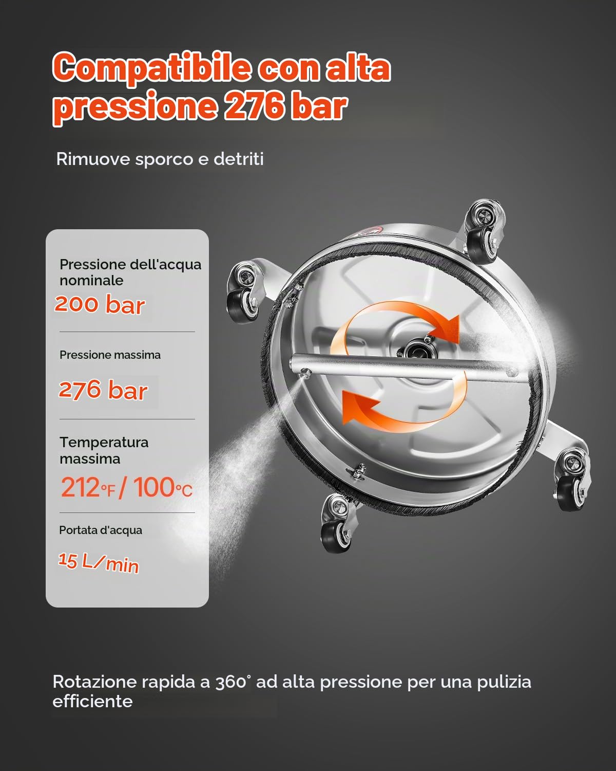 VEVOR Idropulitrice per Superfici in Acciaio Inossidabile con 4 Ruote, 275,8 Bar Max, Connettore Rapido da 1/4, 2 Ugelli a Spruzzo, 2 Lance Estese, per Cemento, Patio, Marciapiede 355,6 mm