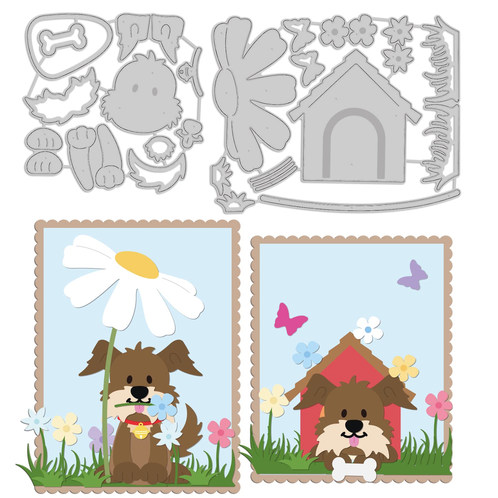 Animal Dog Cutting Dies Metal DIY Dog and House Die Cuts Embossing Stencil Template Flower Die Cuts for DIY Album Paper Cards Making Decorative Crafts