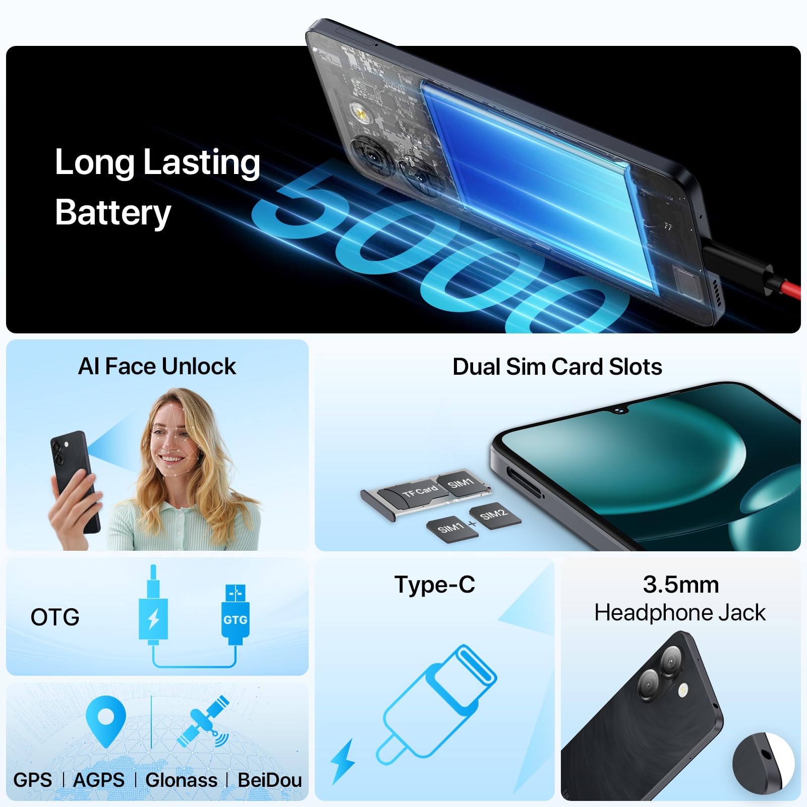 UMIDIGI G9A Unlocked Phones, Android 14 Go Cell Phone, 8GB+64GB/TF 1TB Expend Octa-Core, 4G Dual SIM Card, 3.5mm Headphone Jack 6.75" HD+Display Phones, AI Face Unlock Android Phone,5000mAh,GPS