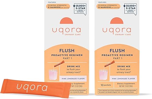 Uqora Flush - Tracto urinario* con D-manosa, vitamina C, vitamina B6, potasio, magnesio y calcio, sin gluten y vegano, sabor a limonada rosa, 20