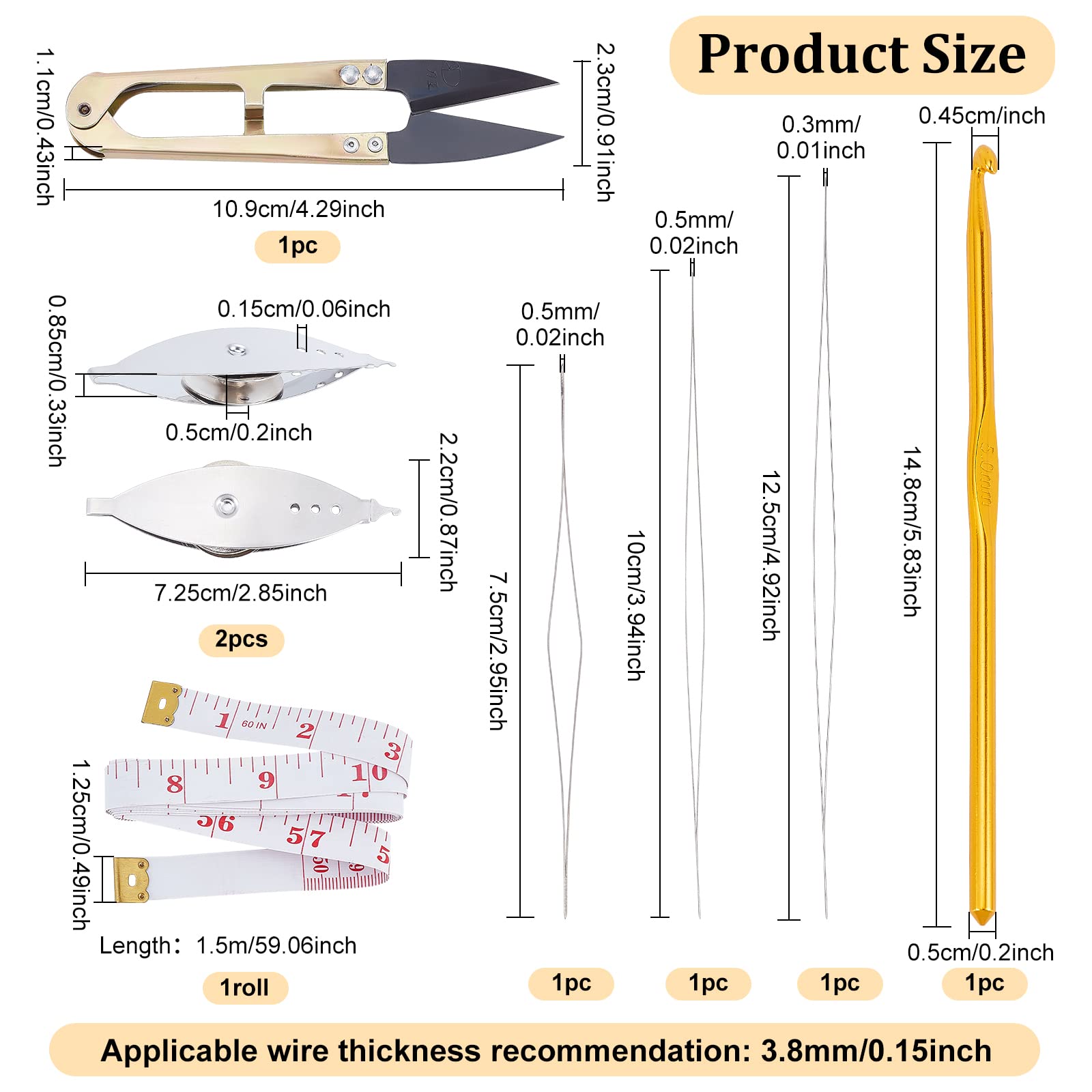 BENECREAT 8Set Bobbin Tatting Shuttle DIY Silver Metal Needle Tatting Sewing Craft Tools, with Iron Shuttles, Aluminum Crochet Hook, Scissor, Soft Tape Measure and Big Eye Beading Needles
