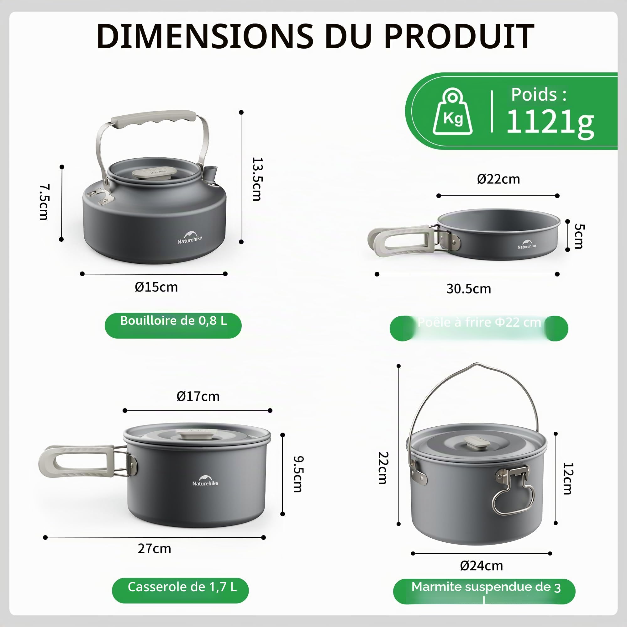 Naturehike 2-4 & 4-7 Personnes Kit de Batterie de Cuisine de Camping pour Équipement de Sac à Dos - Réchaud de Camping Portable et Réchaud de Sac à Dos Compatible - Accessoires de Camping