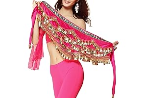Wuchieal Pink Belly Dance Hip Scarf Wrap Skirt Enhanced with Gold Coins