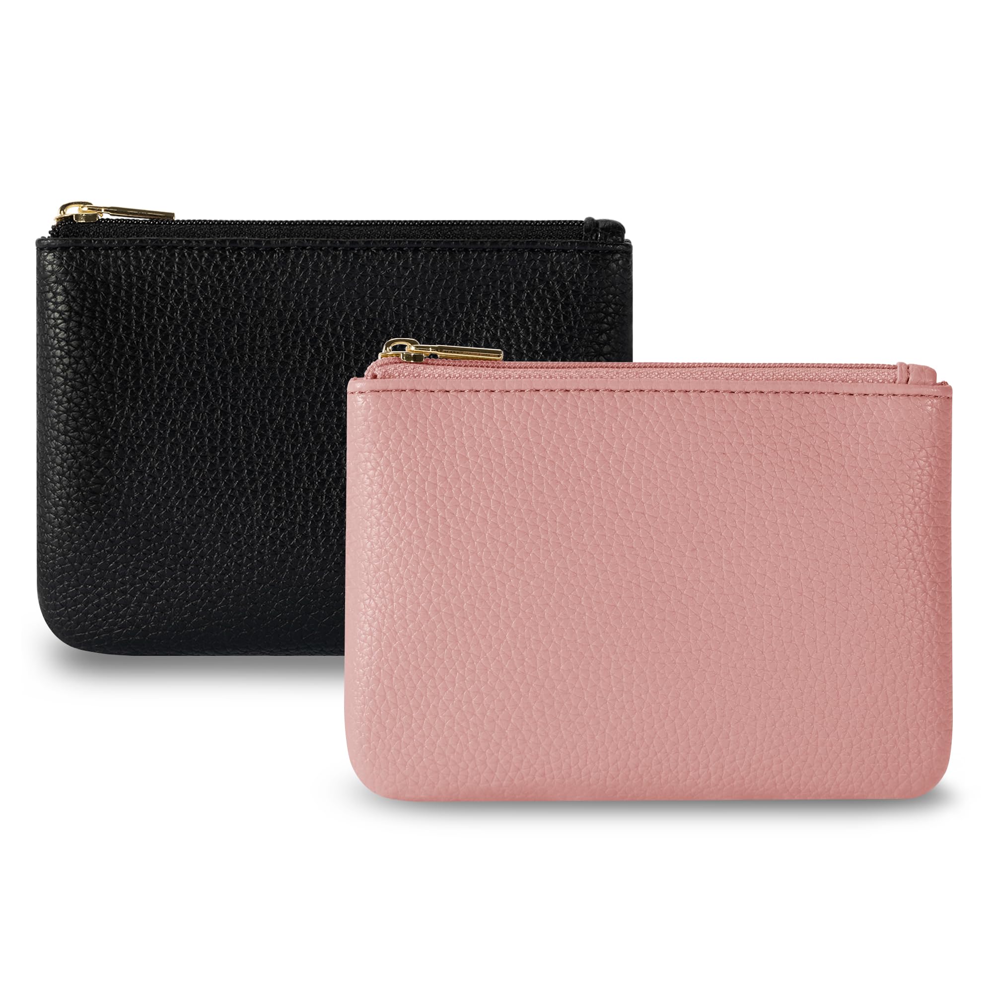 Chelmon PU Leather Coin Purse Pouch Change Holder Small With Zipper for Men Women 2 PCS Set (Black&amp;Pink)