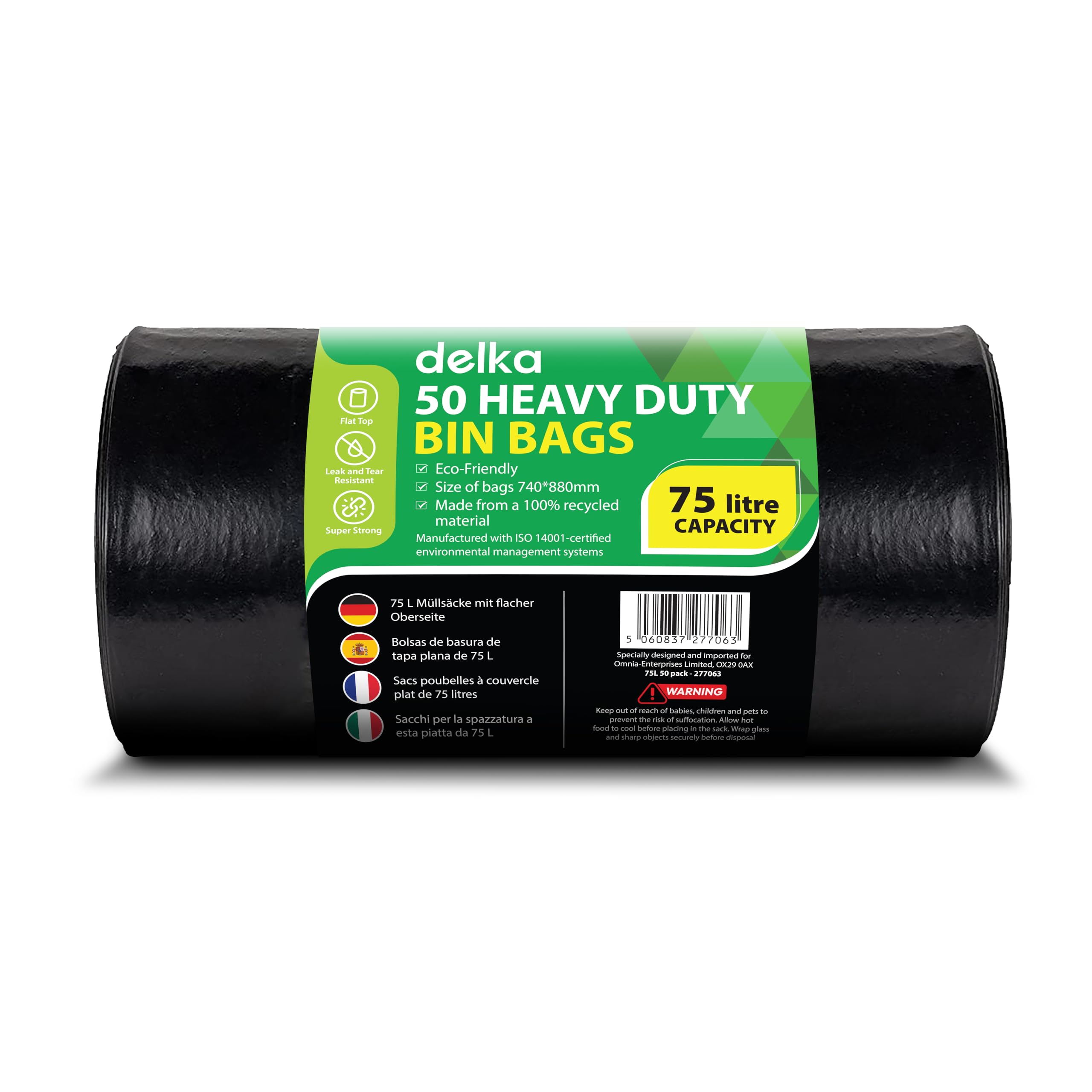 Delka Heavy Duty Black Bin Bags – Extra Strong, Leak-Proof Plastic Liners – Ideal for Kitchen, Home, DIY & Garden, Household, Office & Catering – Made from 100% Recycled Material (75L, 50 Pack)