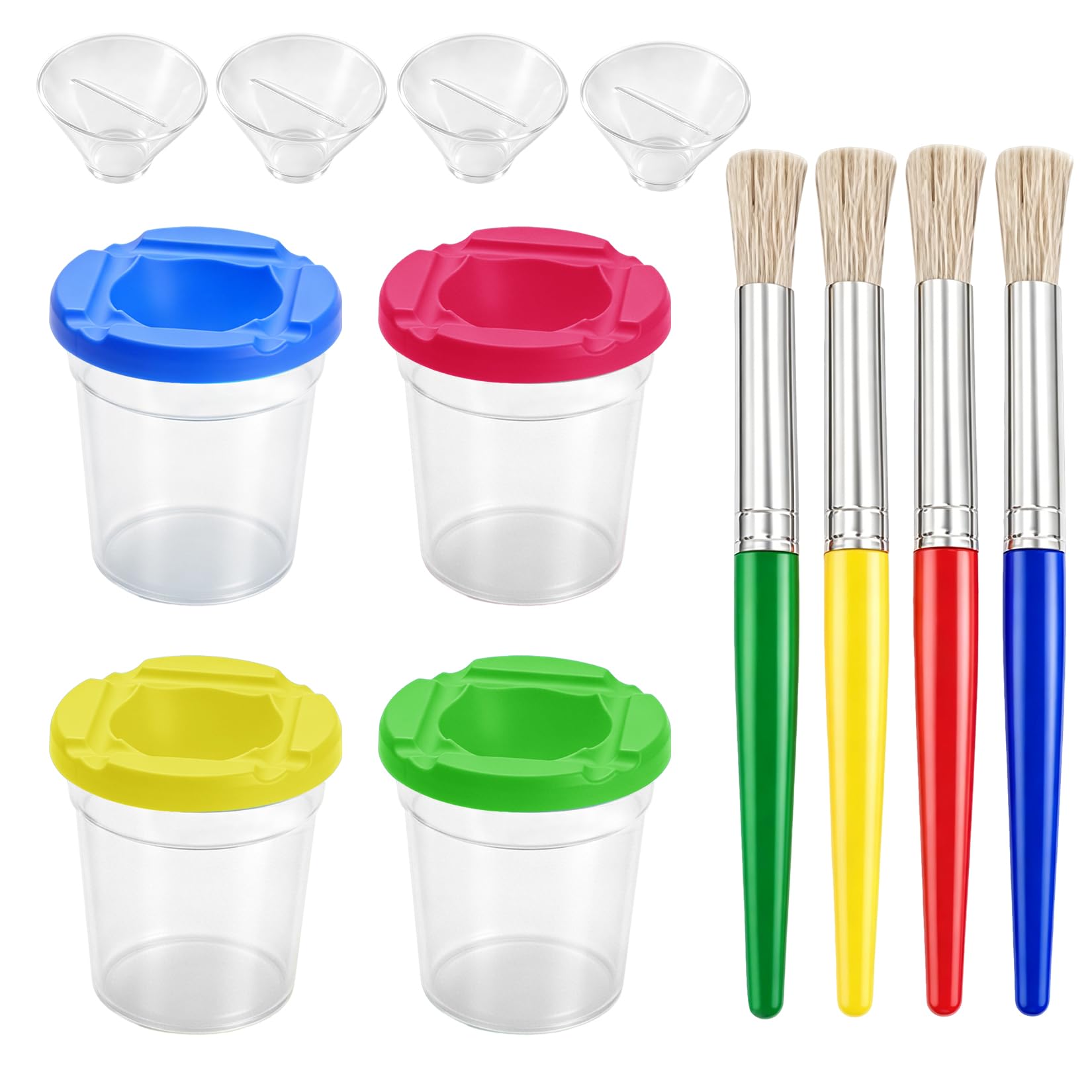 4 Pcs Gobelet pour Peinture Acrylique, Godets Anti-éclaboussures pour Peinture, Gobelet Aquarelle avec Couvercles, pour école et maison (multicolore), comprenant 1 set godets et 1 set pinceaux