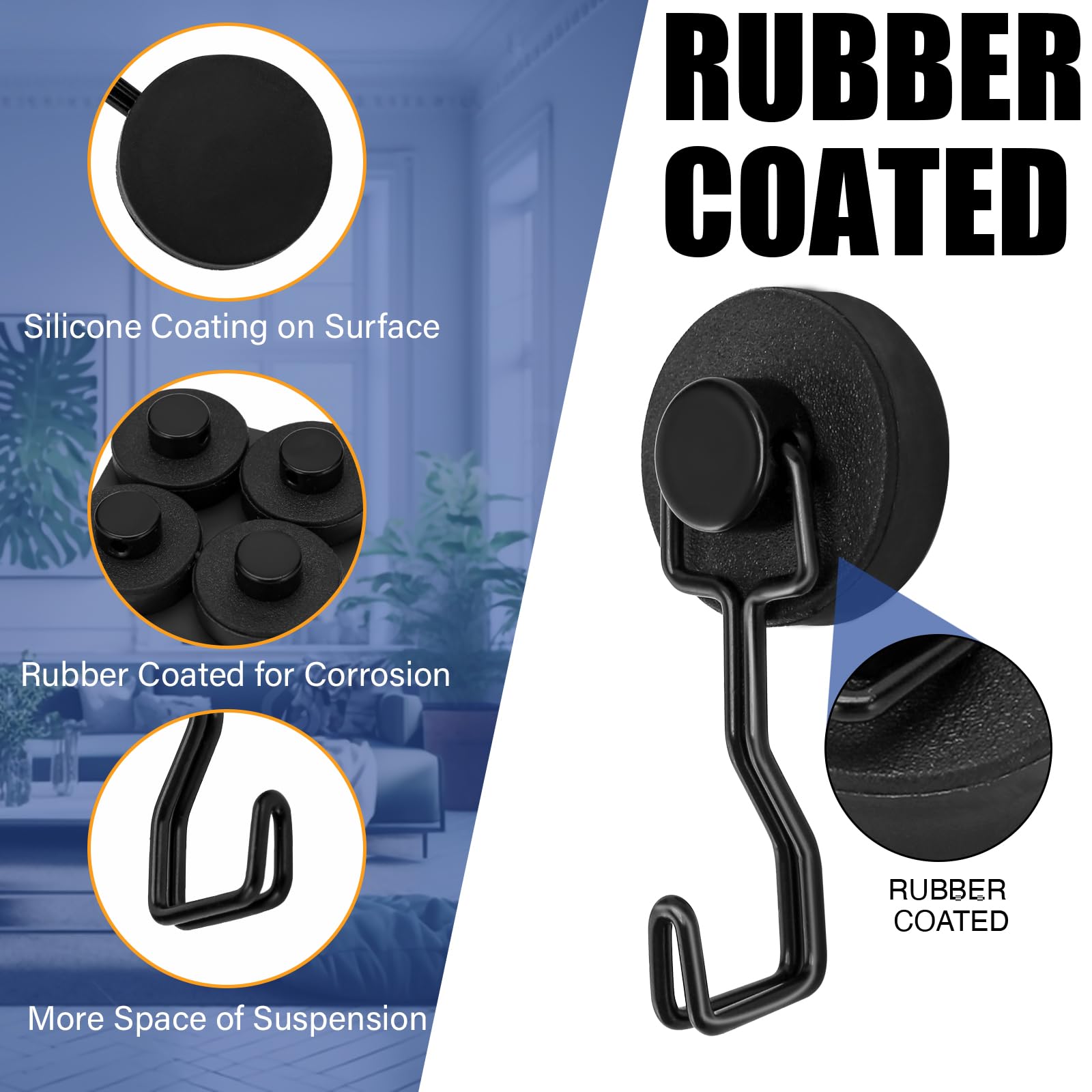 JINGZHAN Rubber Coated Magnetic Hooks,4 Pack Heavy Duty Non-Slip &Anti-Scratch Hooks for Refrigerator,Kitchen and Cruise Ship Cabins (Sliver)