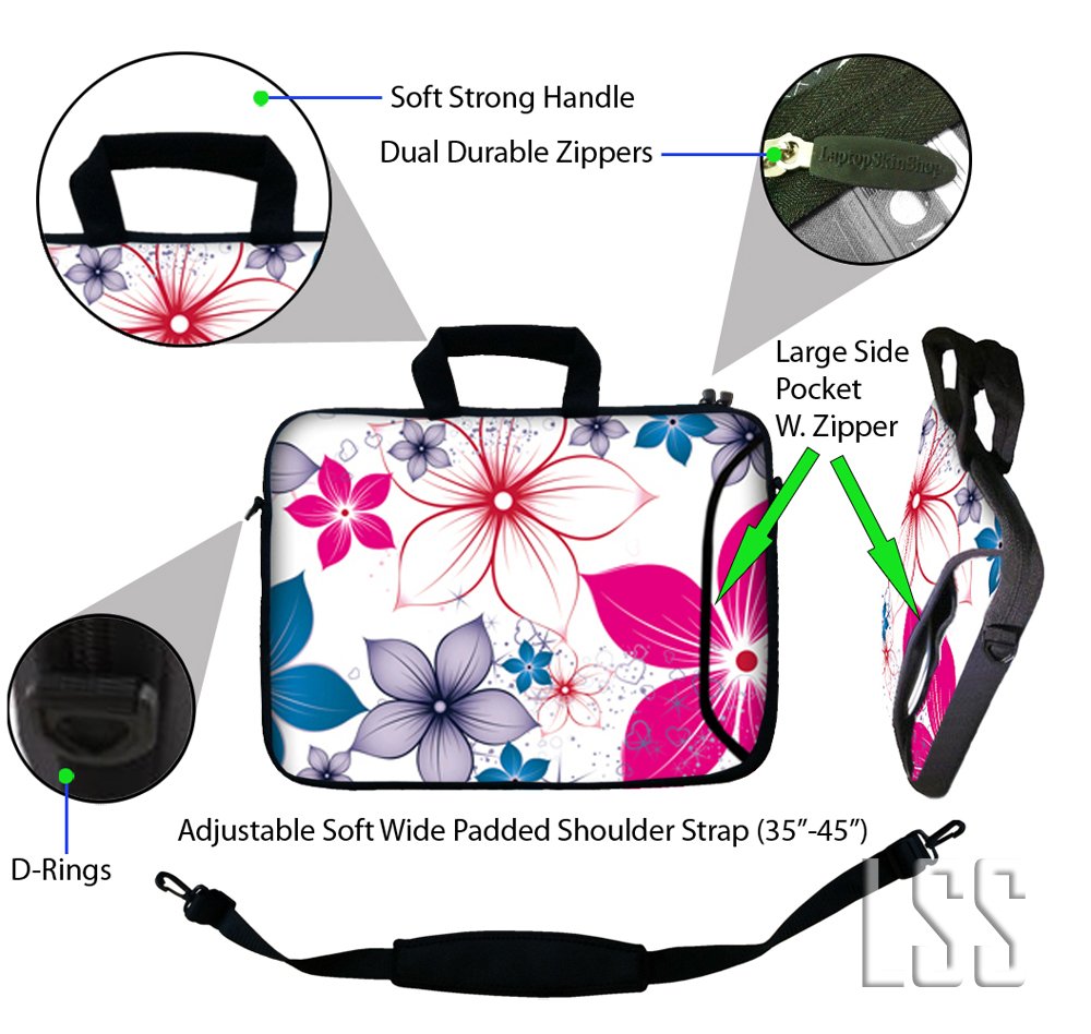LSS 17 17.3 inch Laptop Sleeve Bag Compatible with Acer, Asus, Dell, HP, Sony, MacBook and More | Carrying Case Pouch w/Handle & Adjustable Shoulder Strap,White Pink Blue Flower Leaves