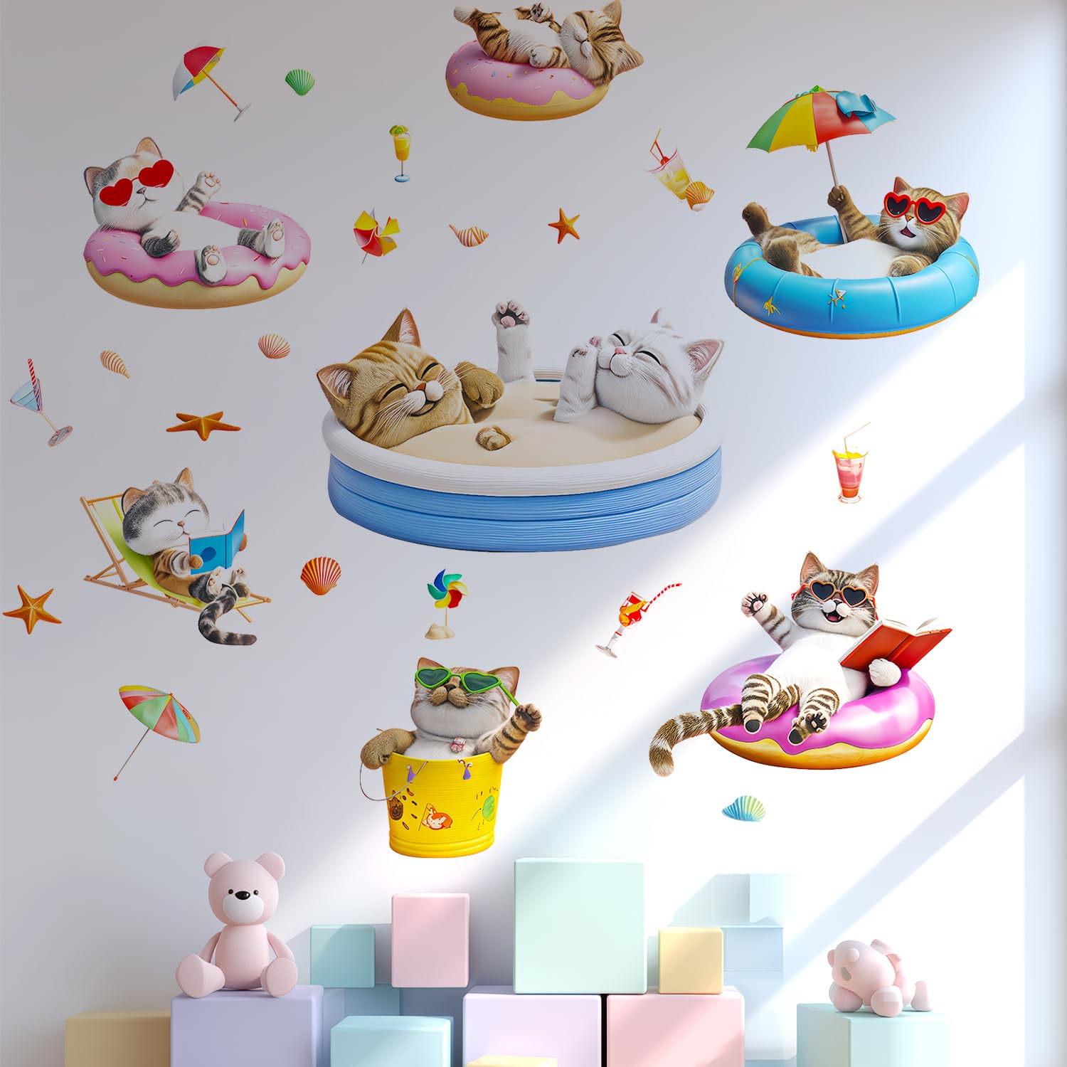 Vepret Colorful Cute Cats Wall Decals Peel And Stick, Large Cartoon Cats Holiday Playful Beach Wall Stickers & Murals, Removable Home Decor Art For Bedroom Living Room Classroom Office