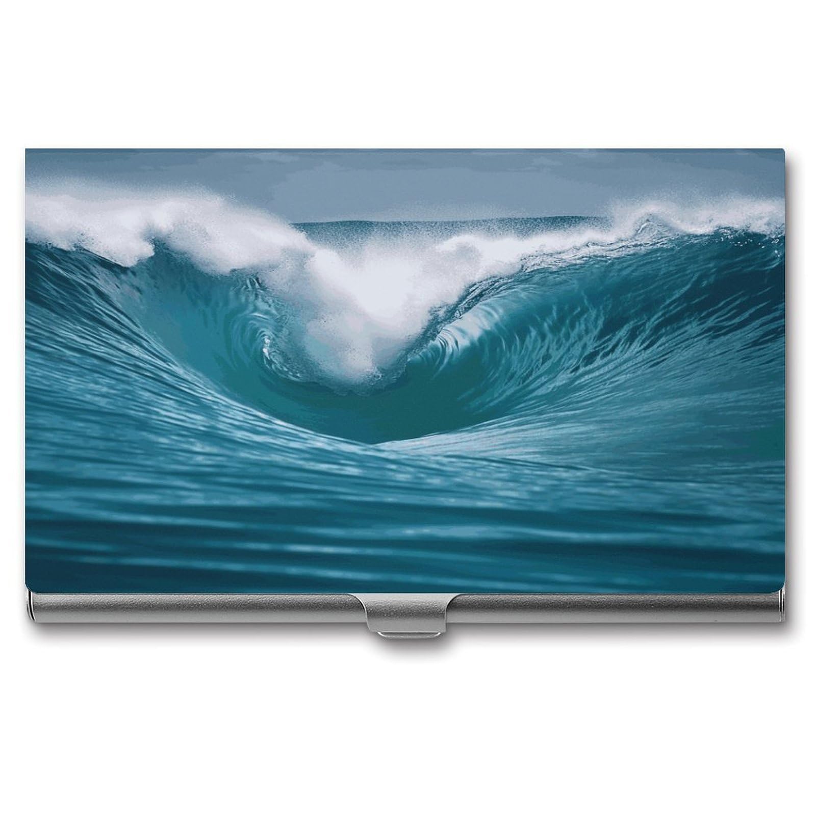 LDGSUPH Ocean Wave Business Card Holder Fashion Slim Name Card Holder Minimalist Design Case Metal Card Carrier Personalized Business Card Case with Flip for Men Women