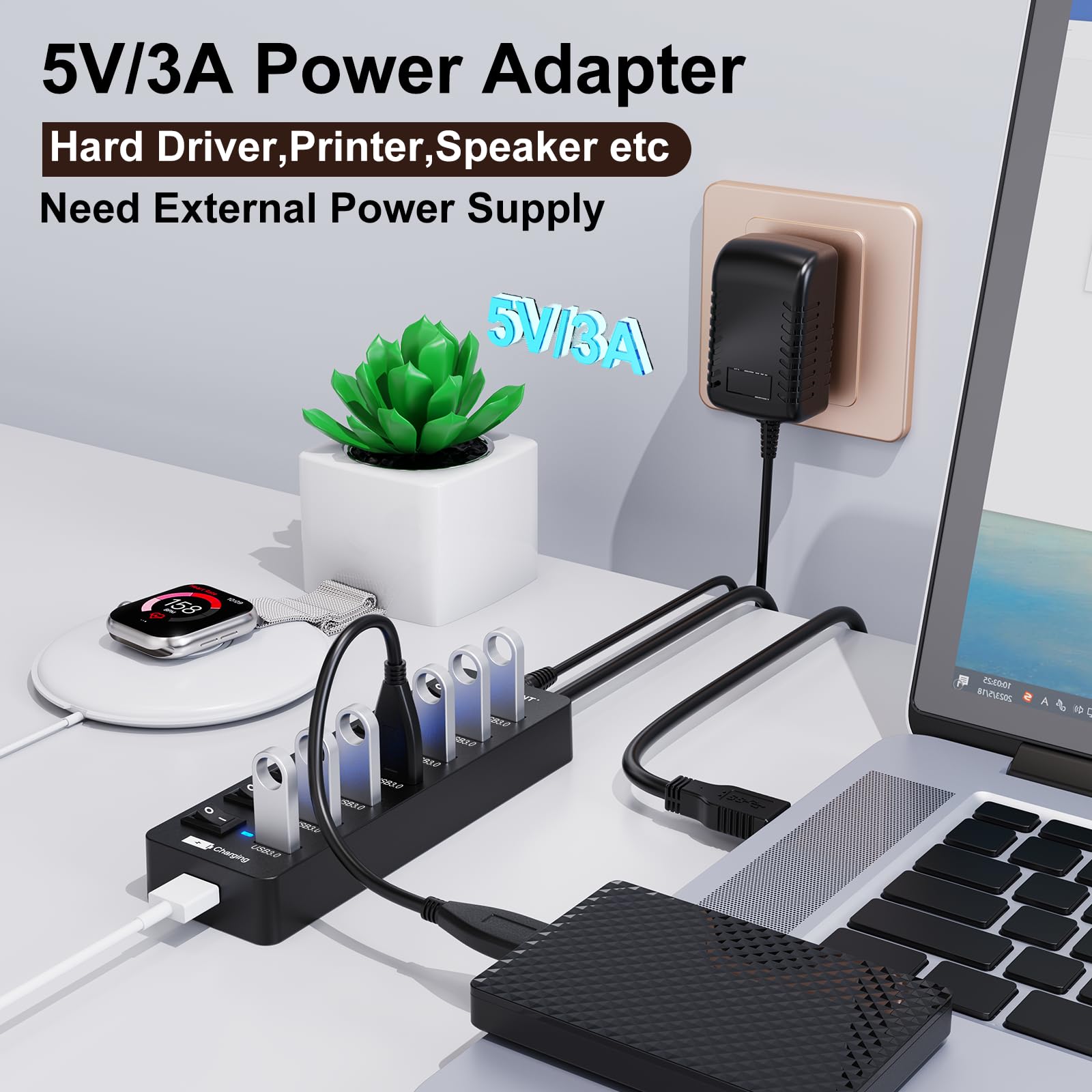 Hub USB 3.0 alimentado, concentradores  de 7 puertos múltiples USB y 1 puerto de carga inteligente USB con fuente de alimentación de 5 V/3 A, divisor de extensión USB con interruptores 6