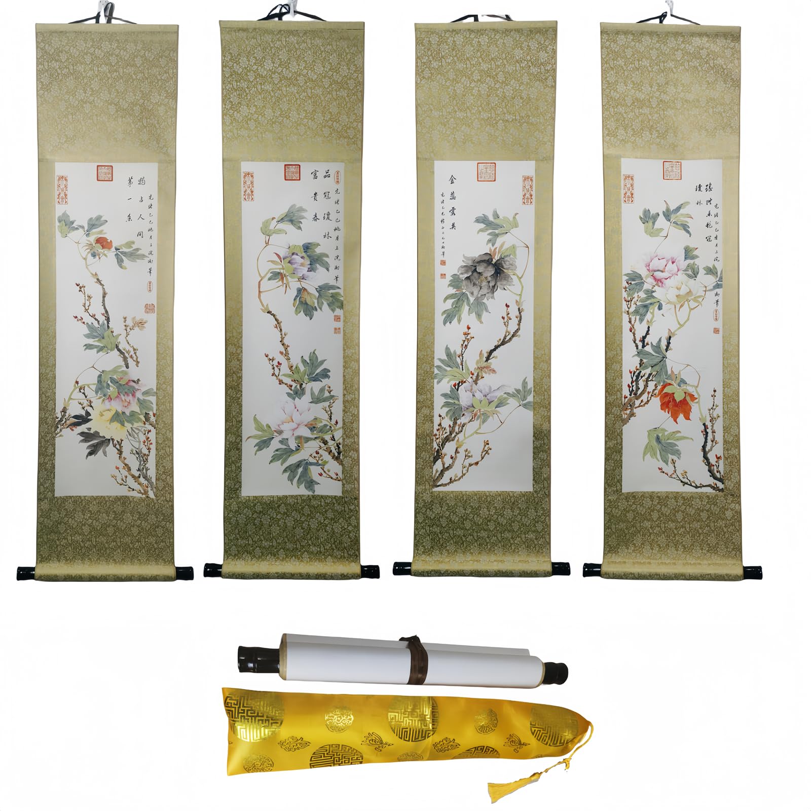MELLAQUESTAsian Art Wall Hanging Painting Decoration - Peony Flower As A Set Of 4- Chinese Japanese Scroll Painting-(39.5x122cmx4)-Living Room Vertical Art Gift With Oriental Traditional Packaging