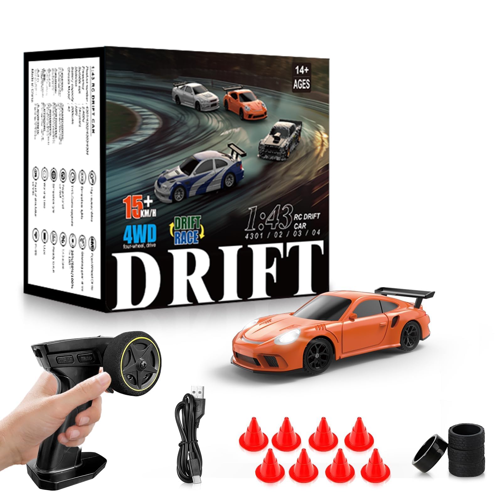 RC Drift Car 1/43 Mini With Gyroscope - 2.4GHz Full Proportional Remote Control, 4WD High Speed Race Car With Lights, Racing Tires - Model Cars Gift for Adults, Kids, Boys, Girls