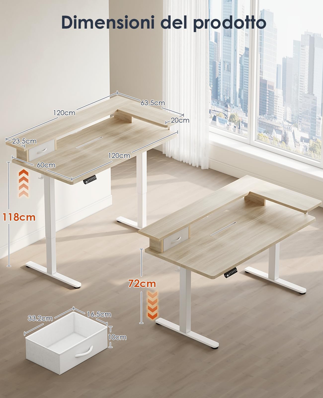 OffiGo Scrivania Regolabile in Altezza, 120x60 cm Scrivania Elettrica con L forma Supporto per Monitor, Standing Desk con Cassetto, Ergonomica Table Motorizzata con USB, Beige