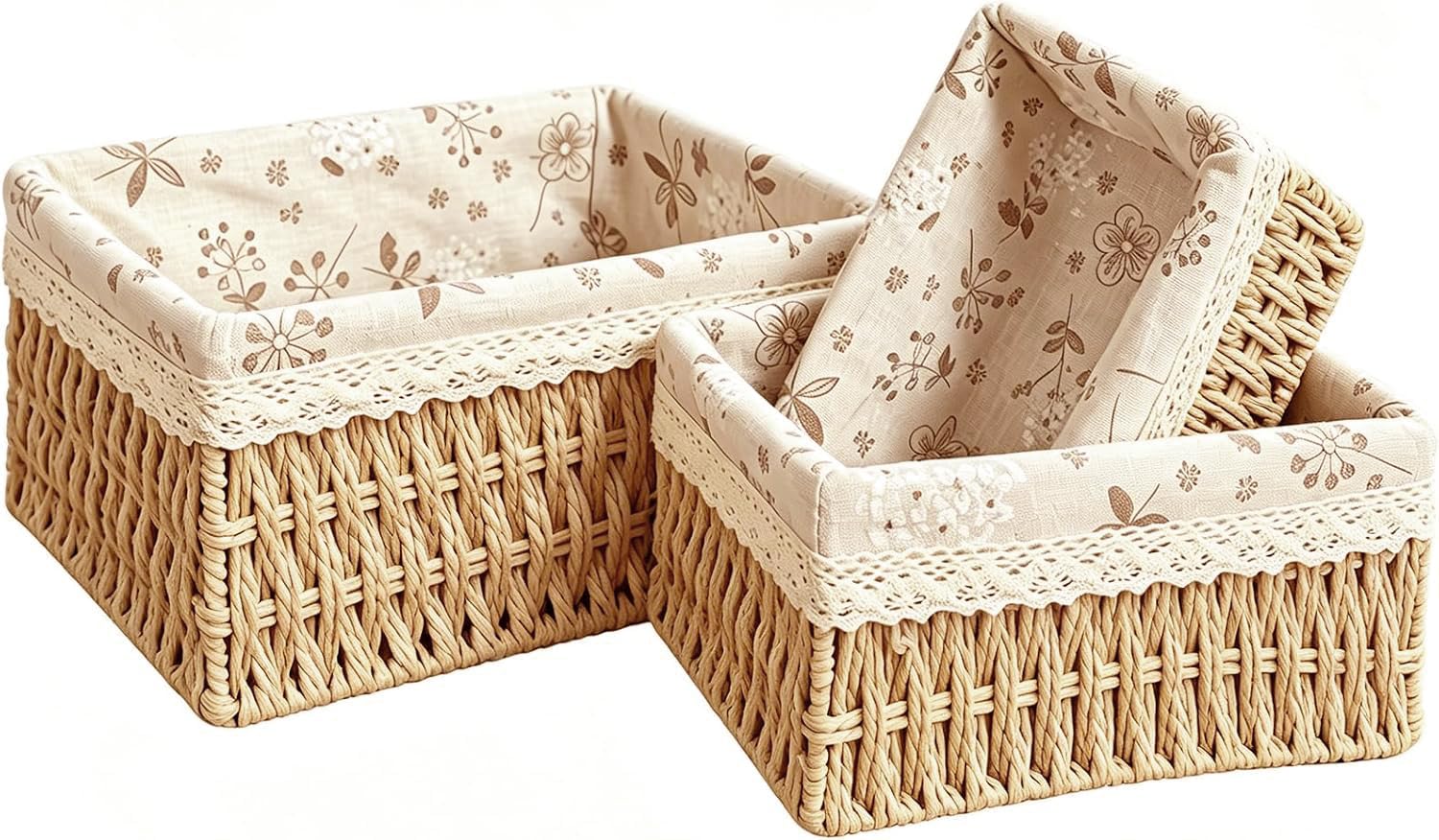 Cesta pequeña de mimbre con forro para mostrador, juego de 3 cestas de almacenamiento tejidas rectangulares de cuerda de papel para organizar, perfectas para organizar y decorar el hogar