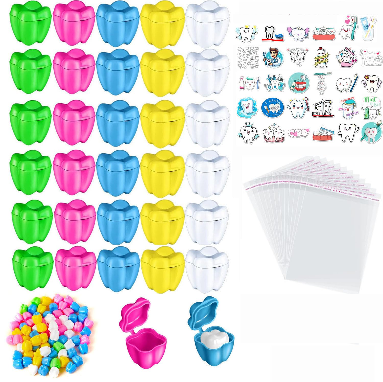 30Pcs Scatola Salva Denti Colorata, 30Pcs Adesivi, Porta Denti in per Ragazzi, Ragazze, Bambini, Ricordo, Riempitivi per Sacchetti Regalo, Bomboniere, Studio Dentistico