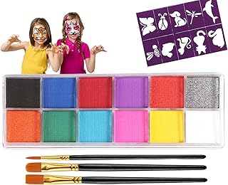 Face Paint Kit for Kids, 12 Color Face Paints, Washable Face Body Paints Set With 3 Brush and 10 Stencils, Water-Based Face Painting For Sensitive Skin