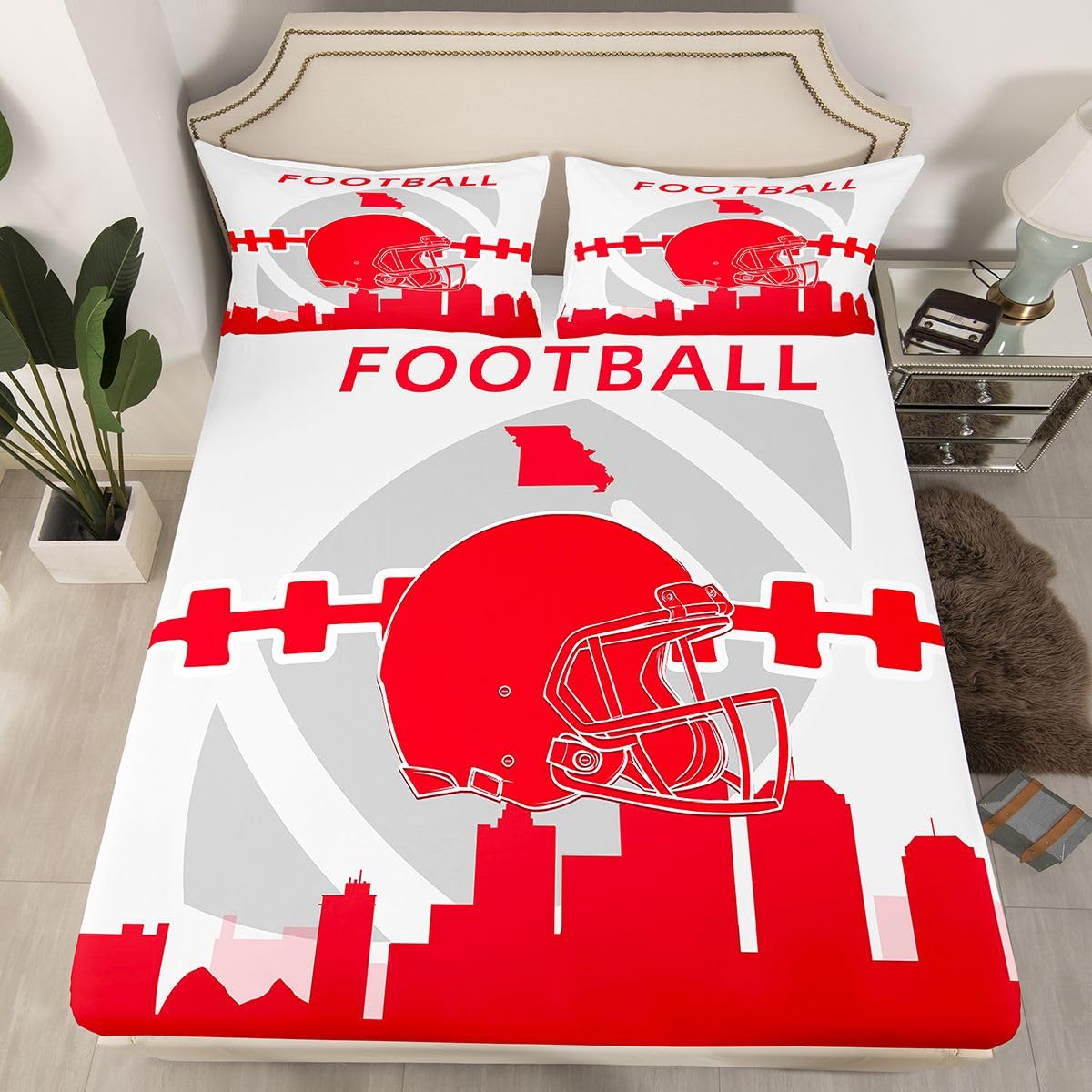 Erosebridal Sports Fitted Sheet Full,Football Players Bed Sheetss for Kids Boys Girls,Football City Bed Cover,Rugby Lovers Bedding Set with 2