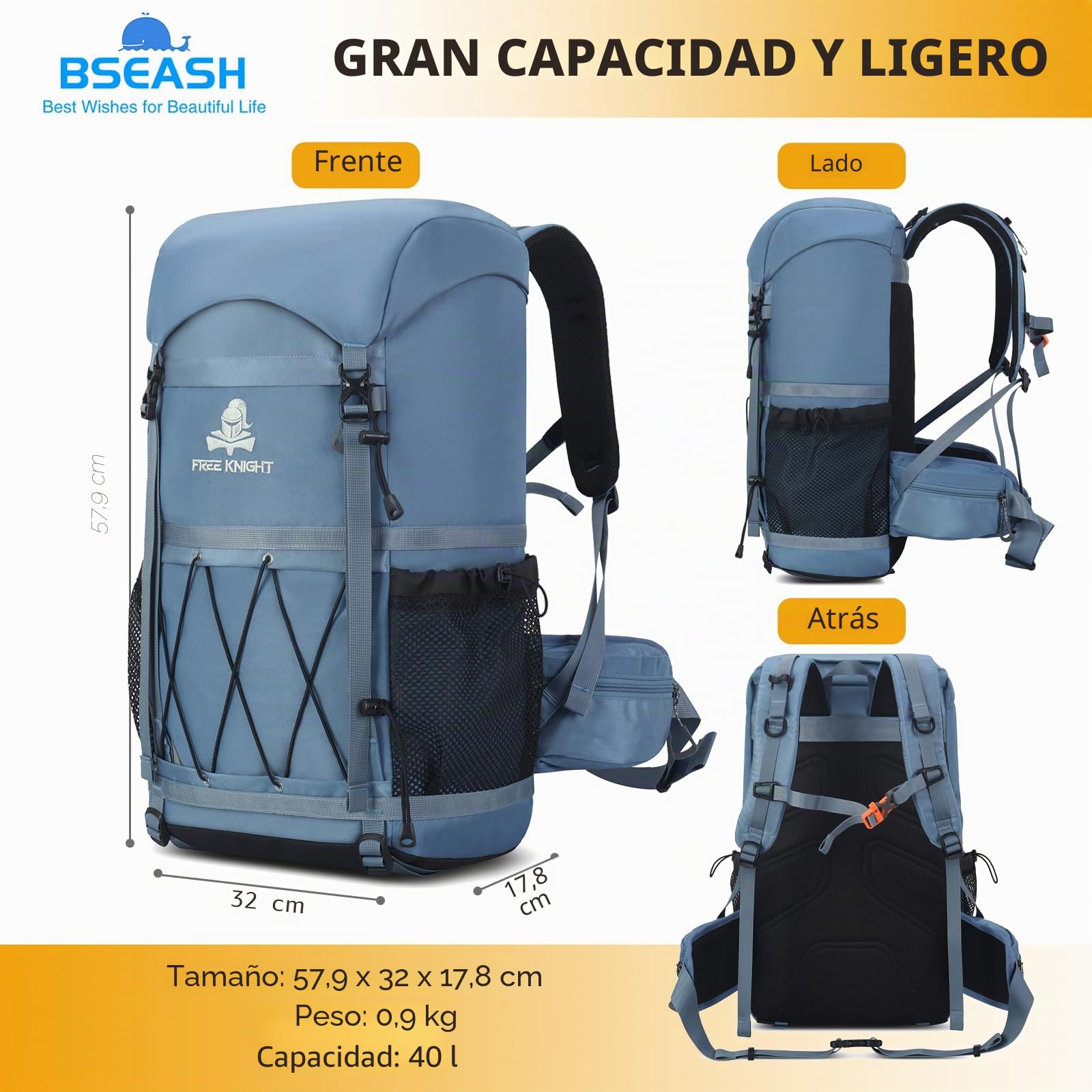 Bseash Mochila de senderismo impermeable 40 L con cubierta para lluvia para deportes al aire libre