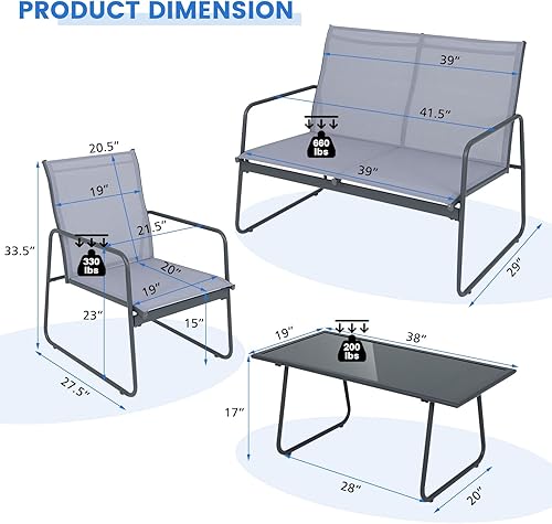 Miniatura 7 de Giantex Juego de muebles de patio de 4 piezas, juego de conversación al aire libre con 2 sillas de comedor de patio, mesa de centro de vidrio