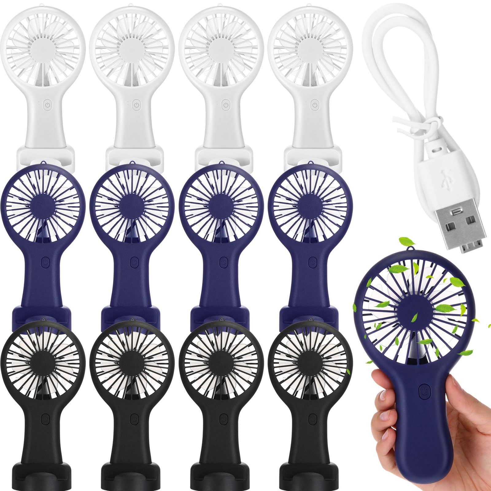 Woanger 12 mini ventilatori portatili a 3 velocità, USB, a batteria, portatile, tascabile, con cavo dati e base di montaggio, regalo estivo silenzioso per matrimoni, campeggio, viaggi (nero, bianco,