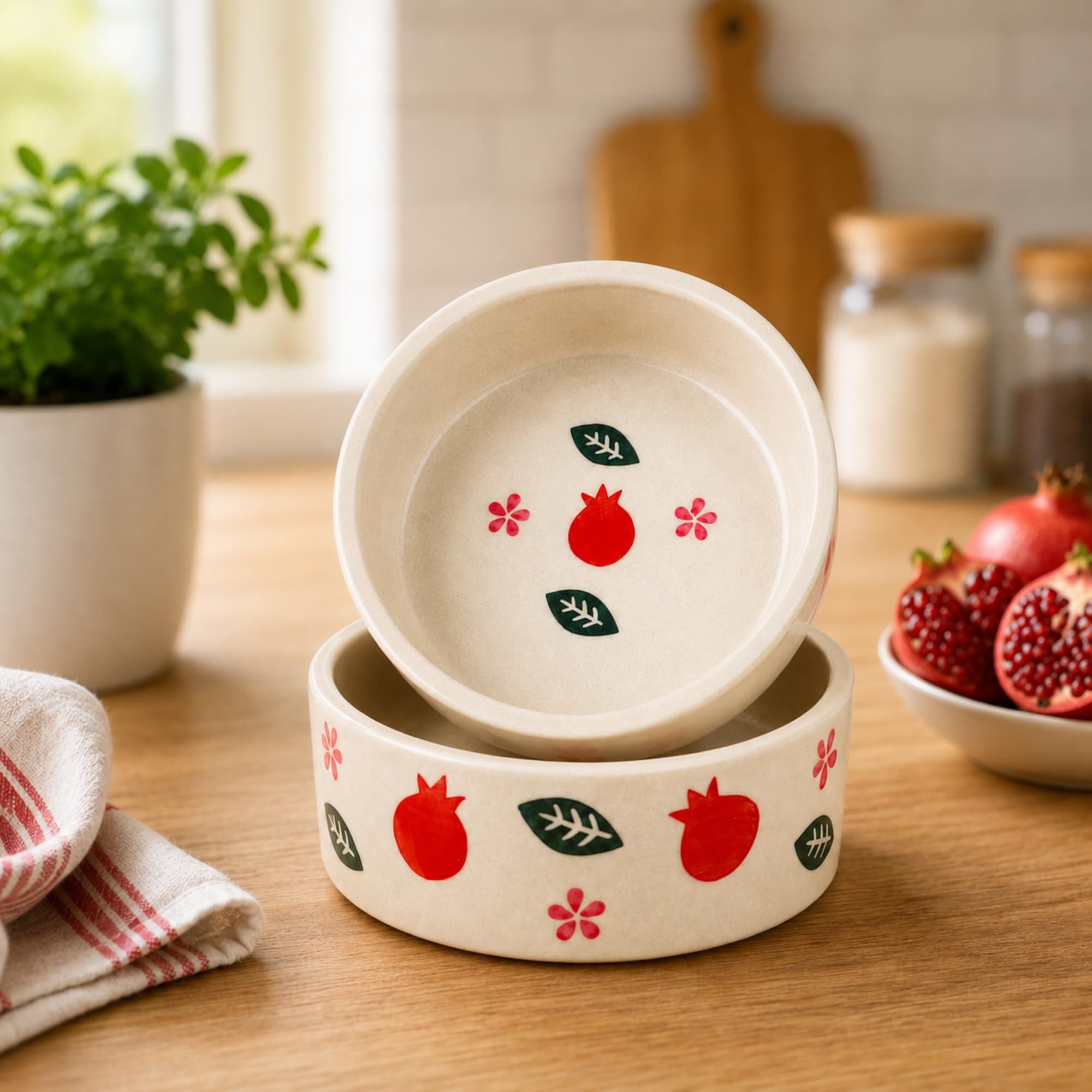 Ceramic Pomegranate Print Bowls Set of 2 | 400 ml, 5 Inch Serving Bowls for Cereal, Dessert, Soup, Fruit, Snacks & Ice Cream | Microwave & Dishwasher Safe | Cream | Gift Ready-image-20