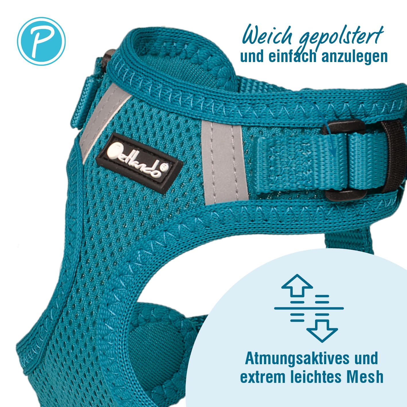 Petlando Hundegeschirr Mesh Vest, leichtes Brustgeschirr aus weichem Mesh & Nylon, stufenlos verstellbar, reflektierend mit 2 D-Ringen, Petrol L, Geschirr Hund gepolstert