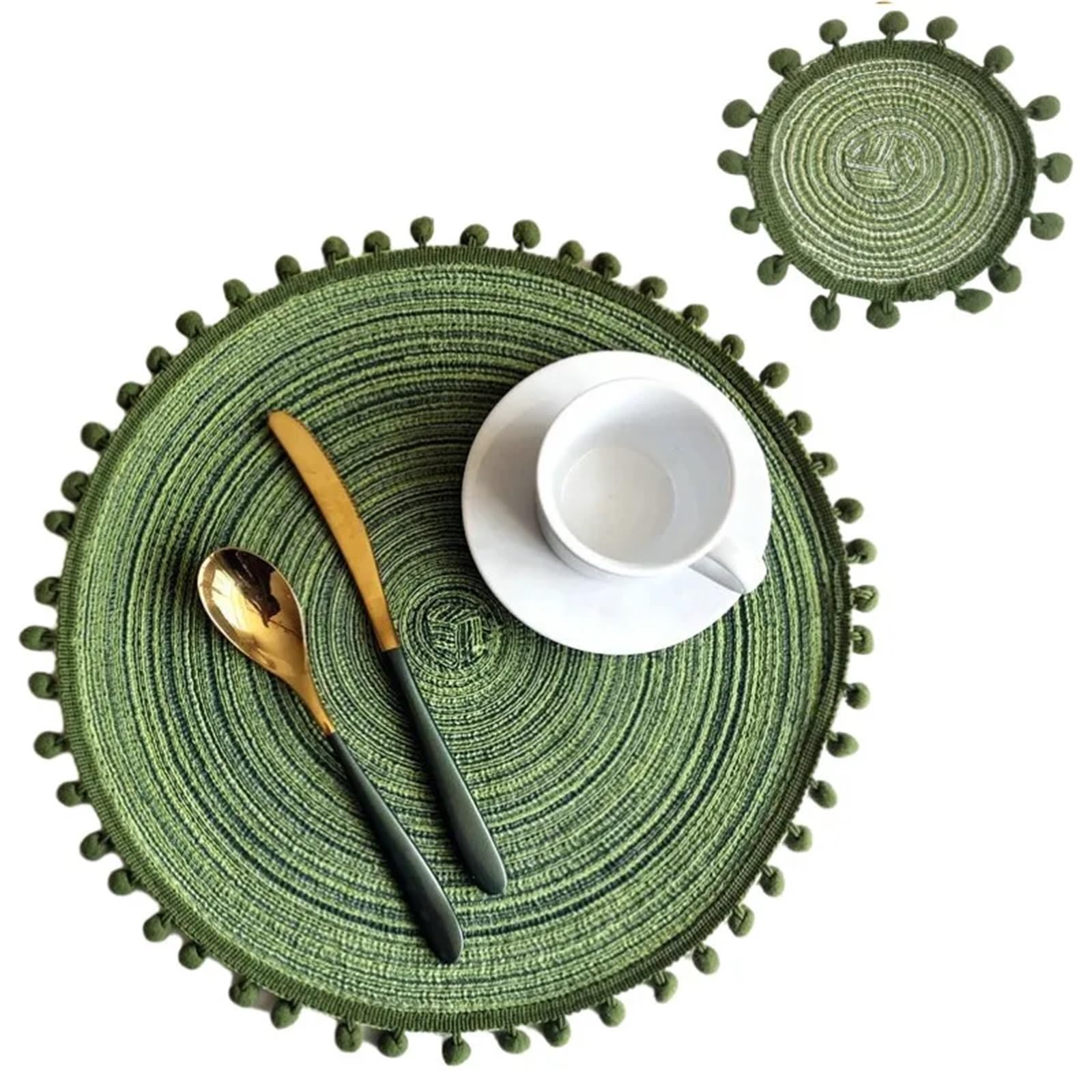 Placemats And Coaster Sets Pompom Placemats and Coaster Set Round Trivet for Hot Dish Vintage Placemat Jute Table Mats(Pom green)