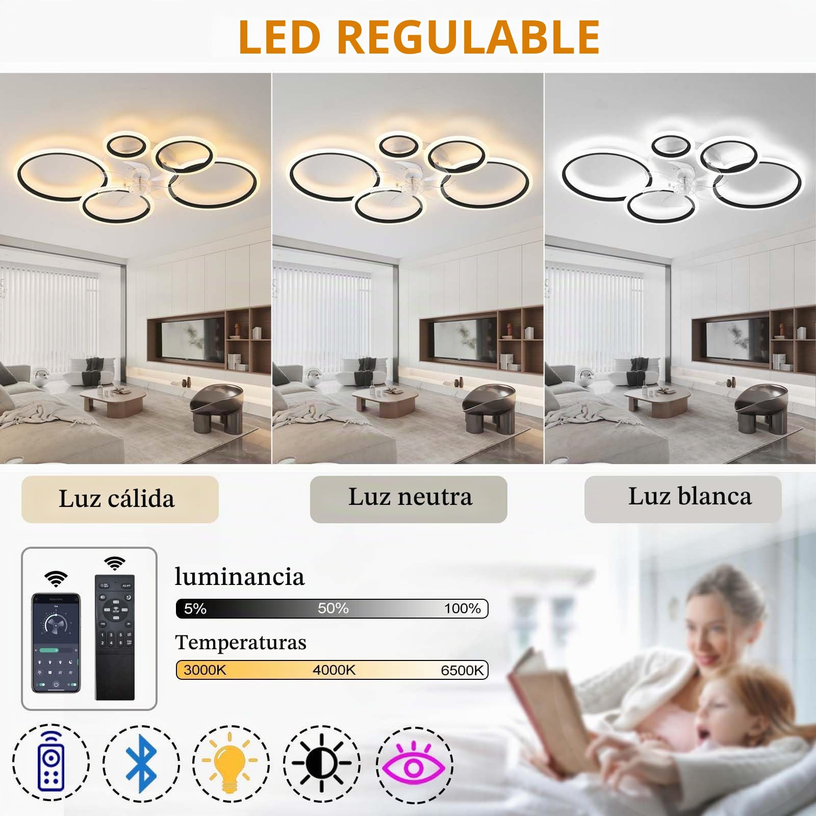 YUNZI Moderno Ventilador de Techo con Iluminación con Mando a Distancia LED 72W Regulable Luz de Techo, Lámpara de Techo para Sala de Estar Dormitorio Cocina, 6 Velocidades, Blanco 100cm
