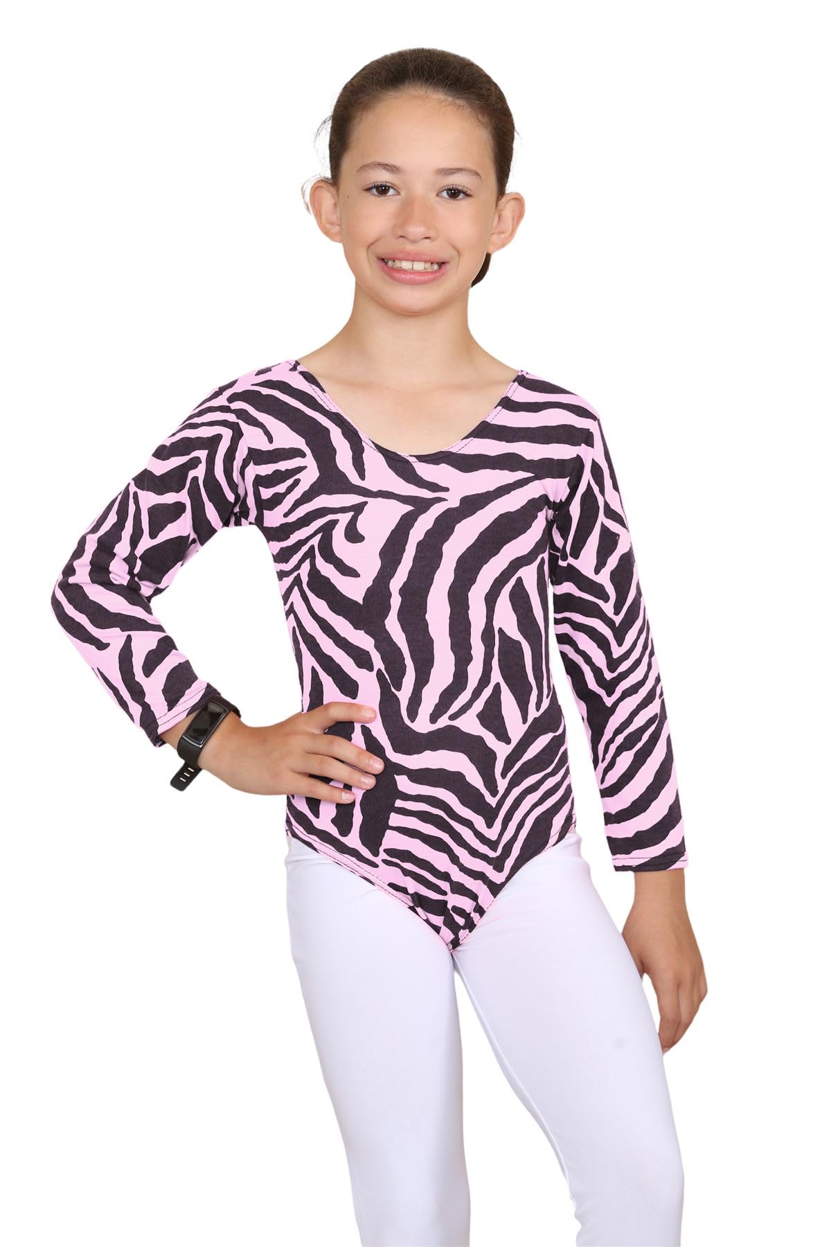 janisramone Girls Kids Zebra Print Long Sleeve Gymnastics Stretch Dance Gymnastics Leotard Bodysuit Top