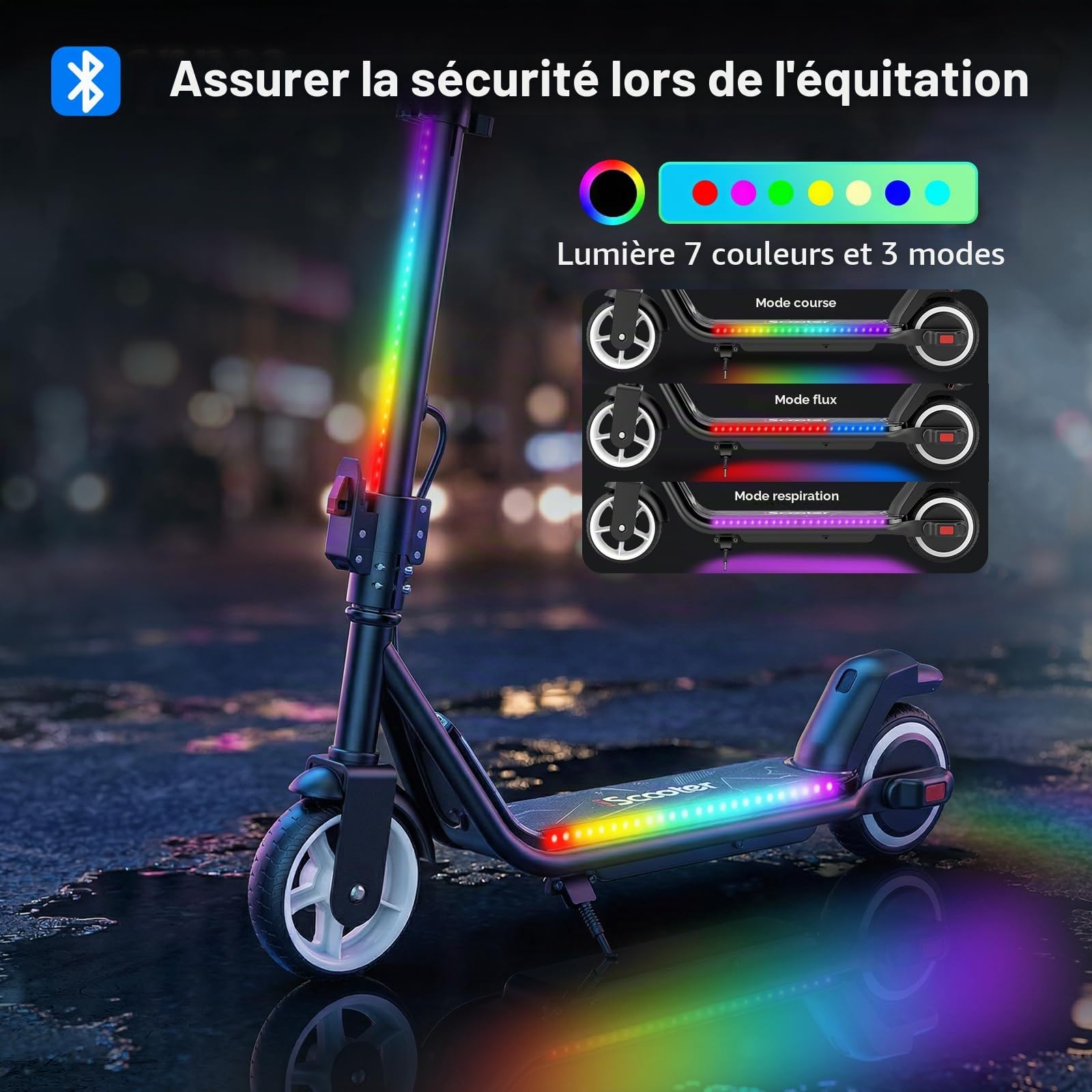 iScooter Trottinette électrique pour Enfants de 8 à 14 Ans, 250 W, avec Bluetooth et lumière, 7 Couleurs et 3 Modes, 3 Modes de Conduite 8/13/19 km/h, 60 Minutes de Temps de Conduite jusqu'à 15 km