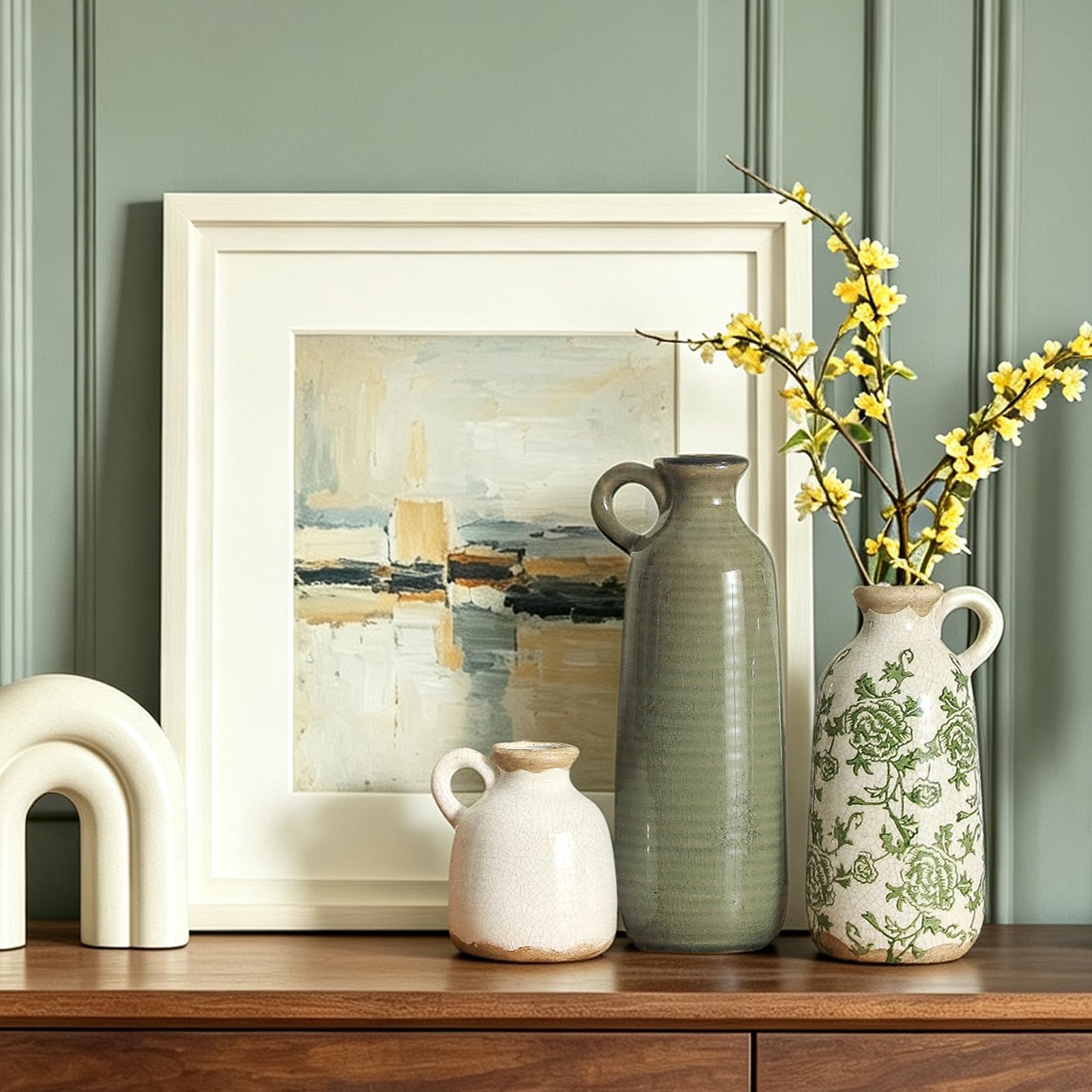 Vintage-Vasen-Set mit Griff, Keramik, rustikale Vasen, Heimdekoration, Bauernhaus, dekorative Vase, Keramik, modern, für Tisch, Kaminsims, Eingangsbereich, Bücherregal, Wohnzimmer, Küche, Schlafzimmer