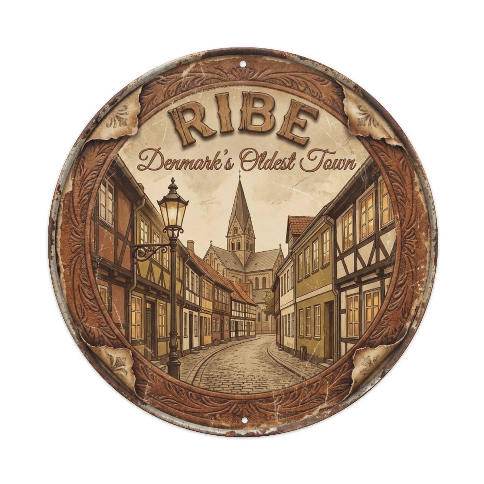 Cmhok Vintage Style-19 Vintage Travel Ribe Denmark Artwork Metal Tin Sign Plaque Wall Decor For Cafe, Club, Garden Round Metal Poster 8X8inch