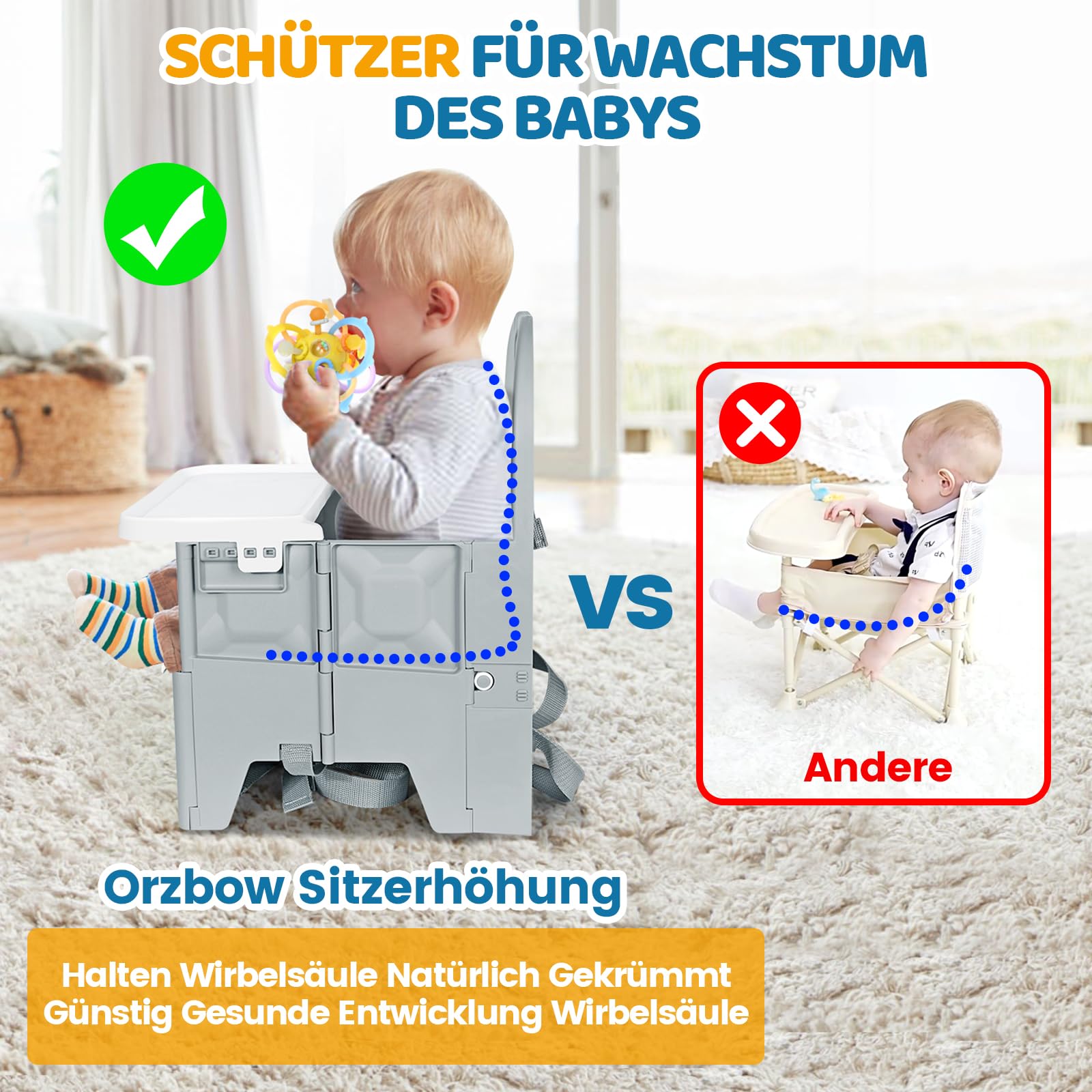 Orzbow Faltbare Sitzerhöhung Stuhl Kind,Stabile Reisehochstuhl Baby mit Abnehmbarem Tablett,ABS Material und Stabile Struktur,Tragbare Kind Campingstuhl für Kinder von 6 Monaten bis 3 Jahren 15kg,Grau