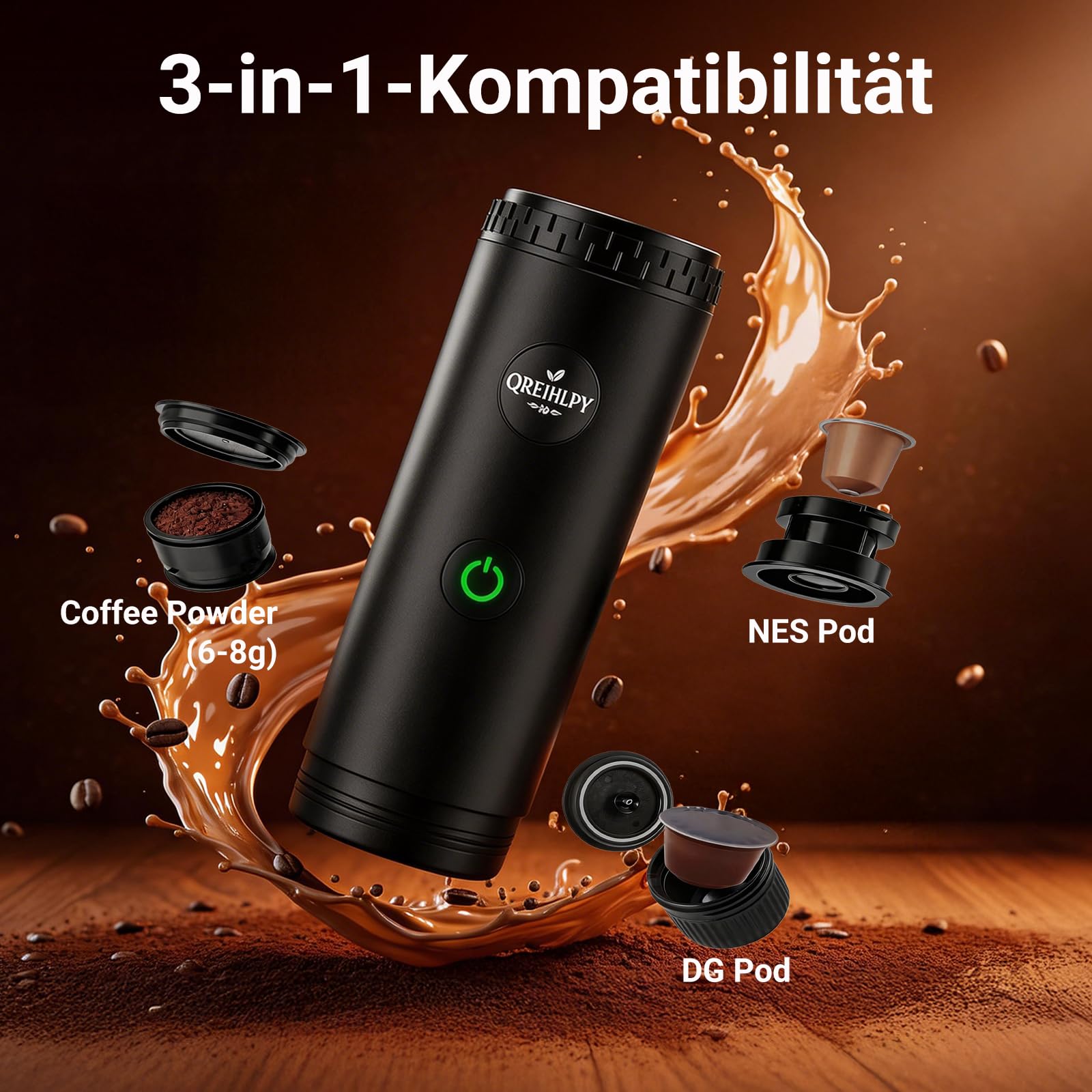 Tragbare Espressomaschine mit 20 Bar, Selbstheizende Mini Kaffeemaschine für Nespresso Kapseln und Kaffeepulver, Reisekaffeemaschine für Camping, Büro und Auto