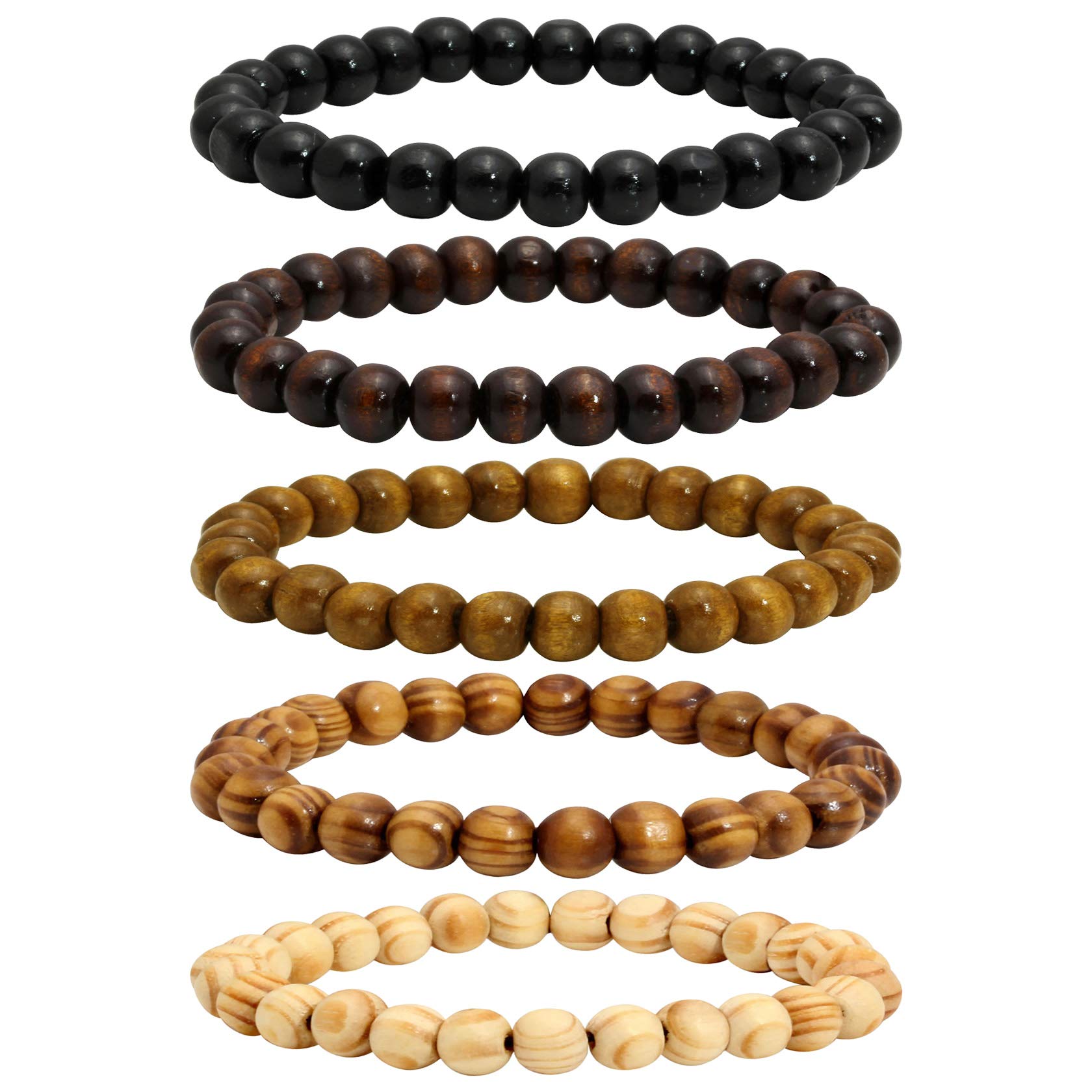 SOHNVWTGD 5 Pcs Wood Beaded Bracelet for Men Tibetan Buddhist Meditation Mala Prayer Beads Bracelet Elastic